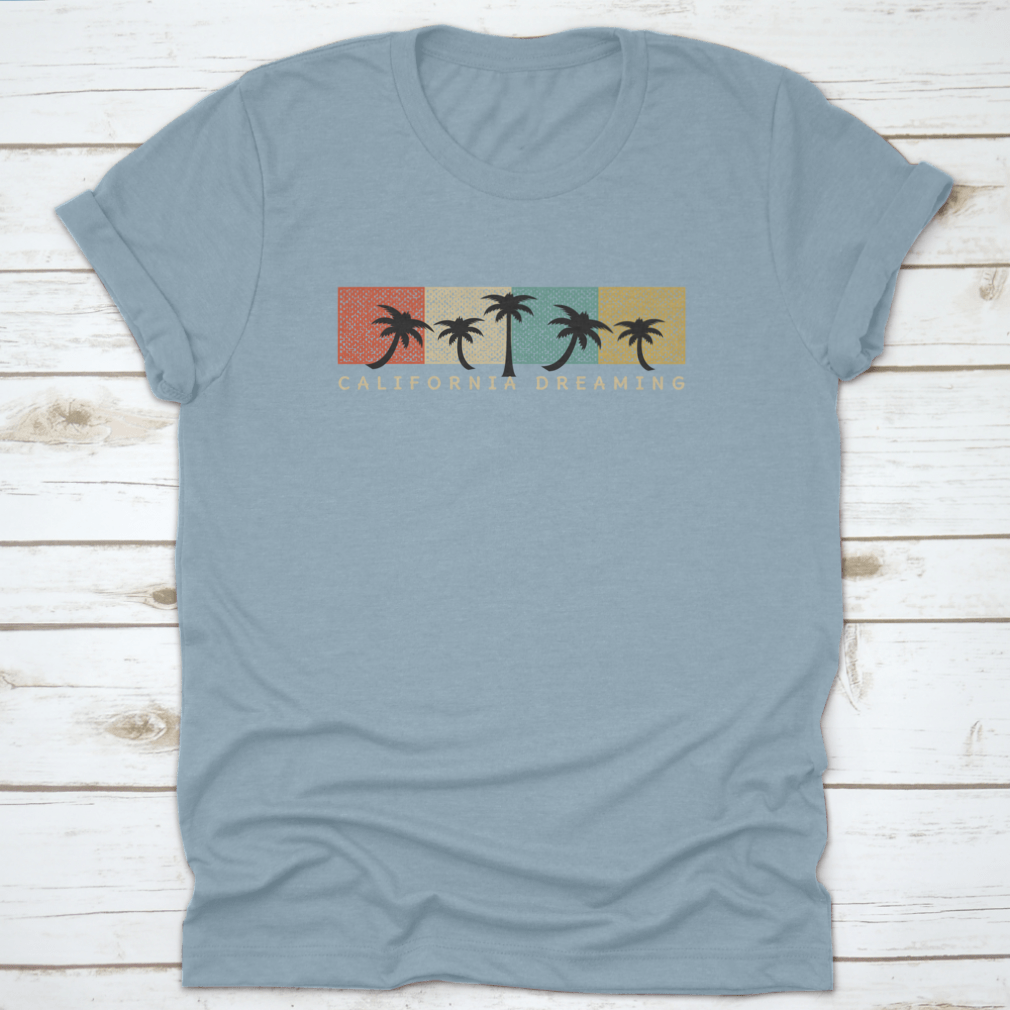 California Dreaming T-shirt featuring colorful grunge palm trees design, perfect for summer wear.