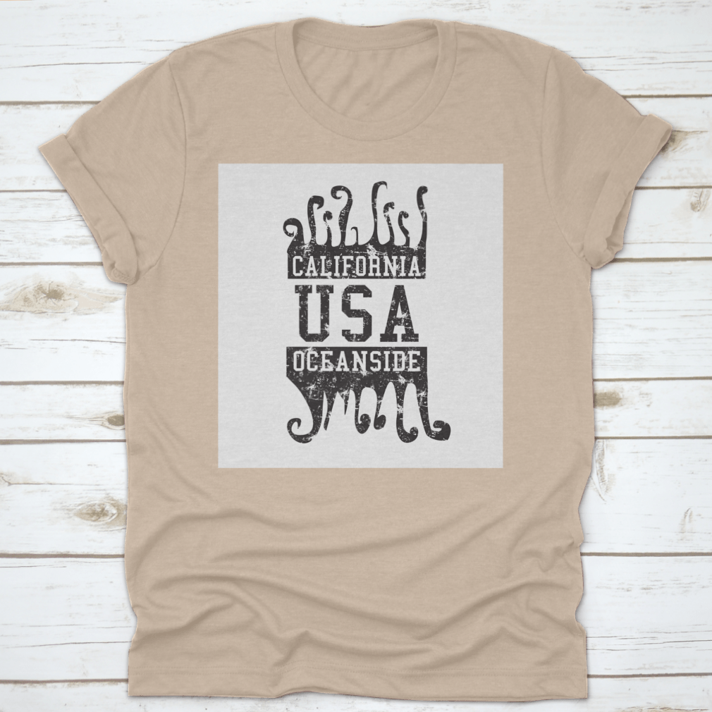 California Oceanside Big Wave Graphic Design Vector Art on a cotton t-shirt, showcasing vibrant ocean waves and a stylish design.