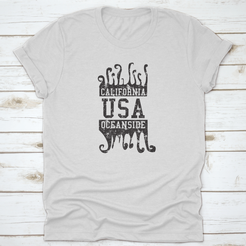 California Oceanside Big Wave Graphic Design Vector Art on a cotton t-shirt, showcasing vibrant ocean waves and a stylish design.