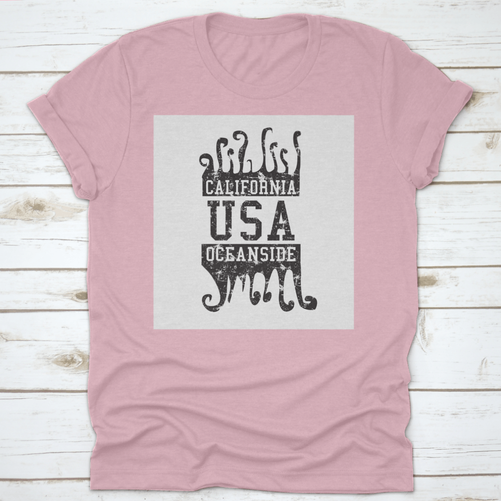 California Oceanside Big Wave Graphic Design Vector Art on a cotton t-shirt, showcasing vibrant ocean waves and a stylish design.