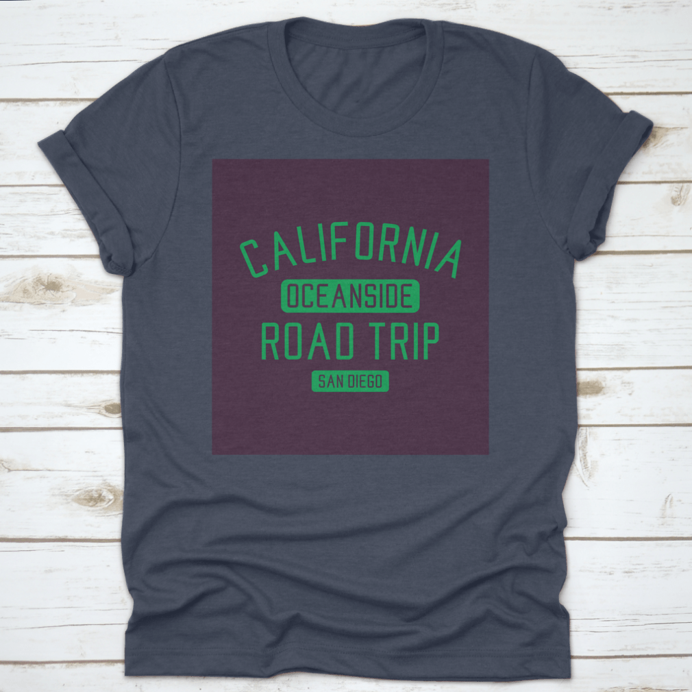 California Oceanside Road Trip Graphic Design Vector Art featuring vibrant coastal imagery and a classic fit design, perfect for travel enthusiasts.