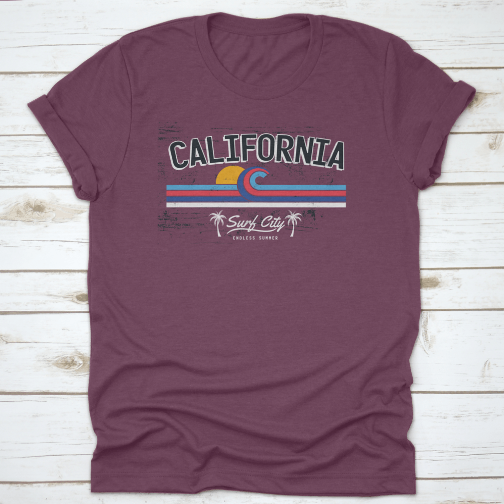 California Surf City Endless Summer Tropical Beach T-shirt featuring palm tree design, made from soft cotton fabric.