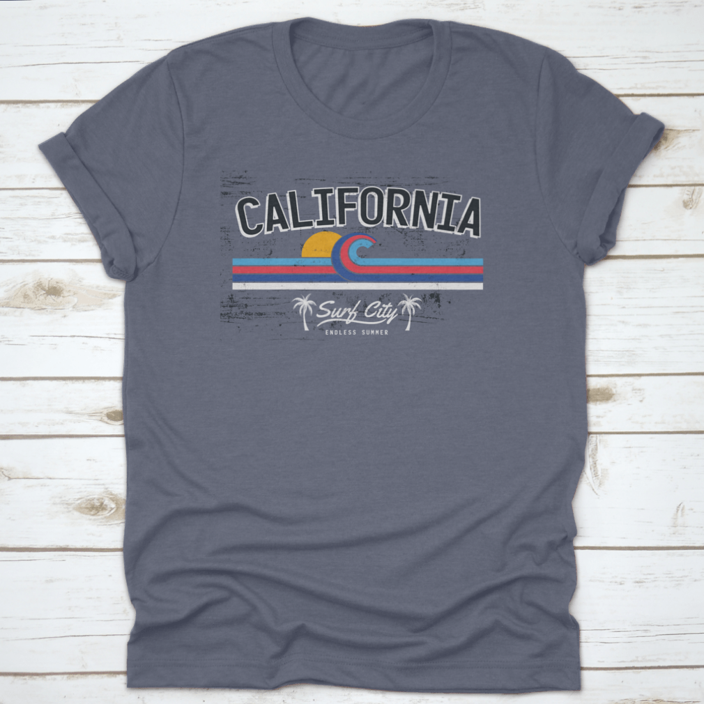 California Surf City Endless Summer Tropical Beach T-shirt featuring palm tree design, made from soft cotton fabric.