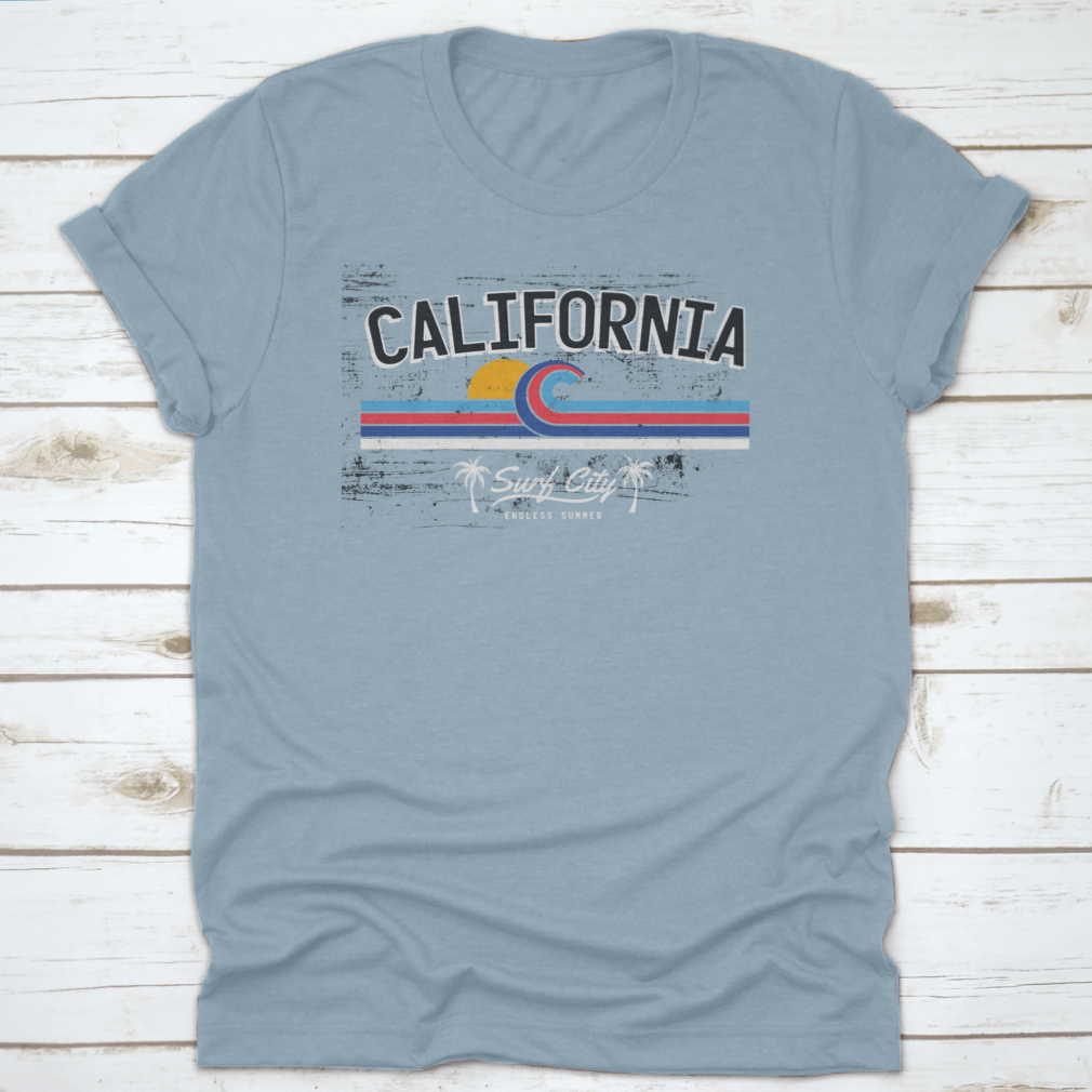 California Surf City Endless Summer Tropical Beach T-shirt featuring palm tree design, made from soft cotton fabric.