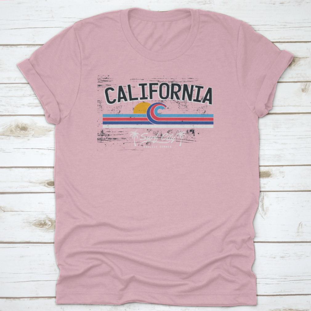 California Surf City Endless Summer Tropical Beach T-shirt featuring palm tree design, made from soft cotton fabric.