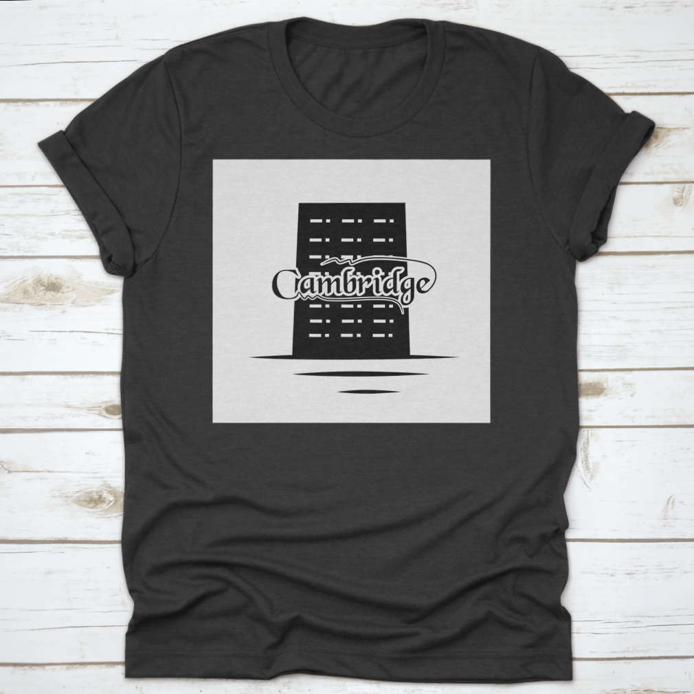 Cambridge Lettering Design featuring a tall black building logo on a stylish cotton garment, showcasing its trendy and comfortable design.