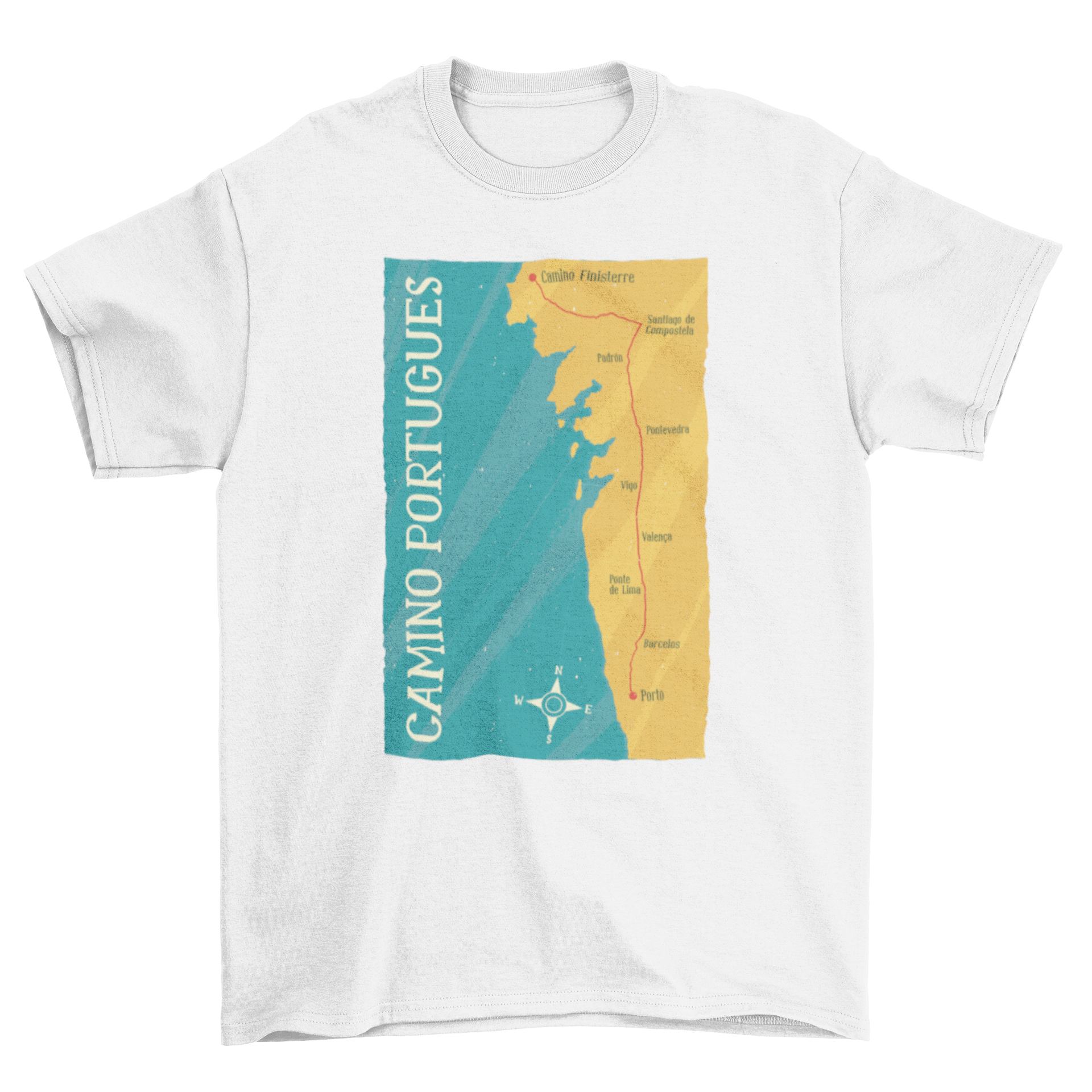 Camino Portugues t-shirt featuring a detailed map illustration and caption.