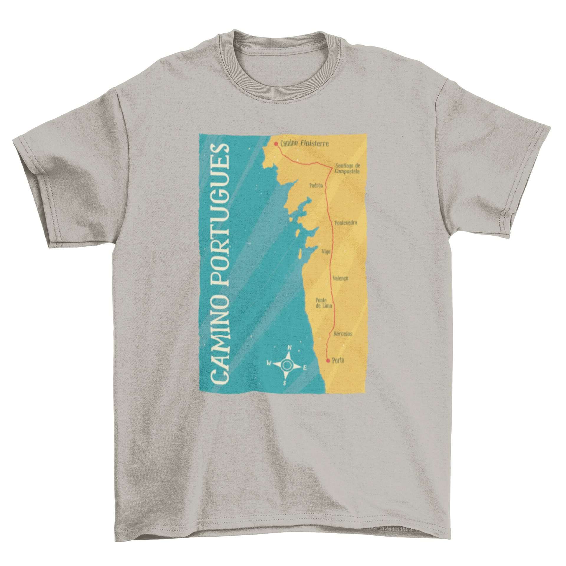 Camino Portugues t-shirt featuring a detailed map illustration and caption.