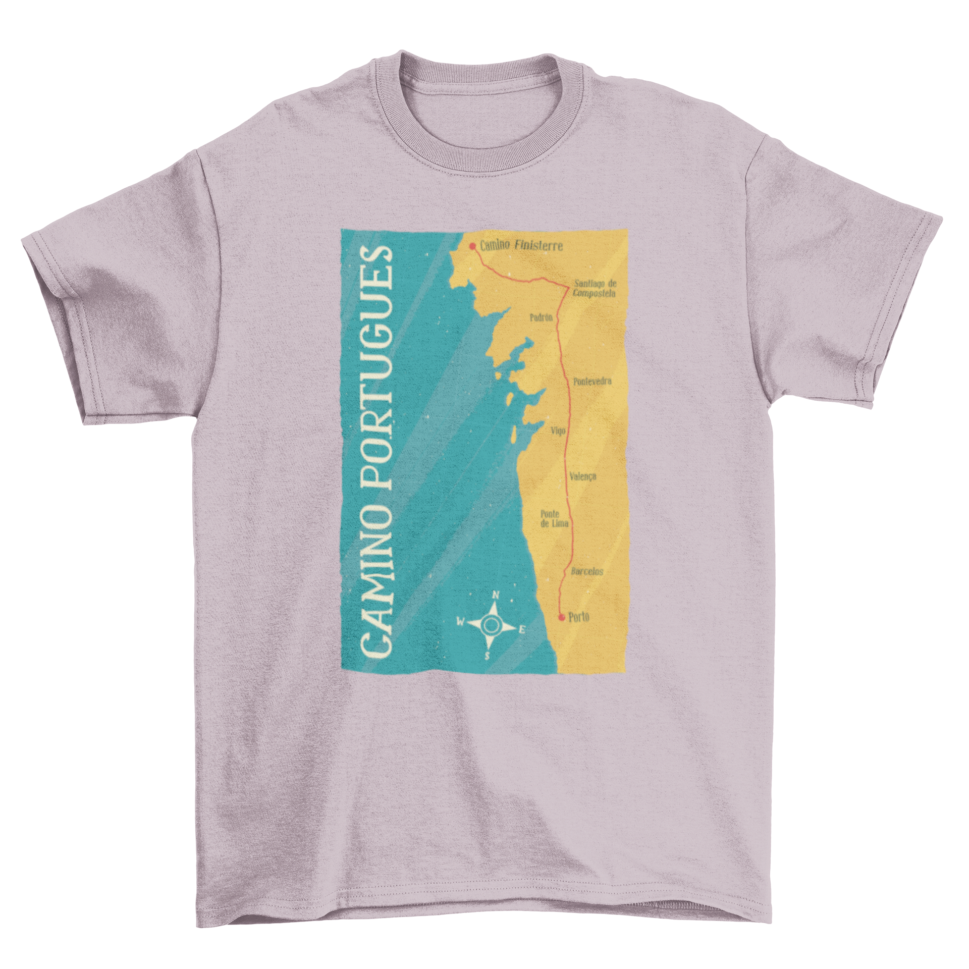 Camino Portugues t-shirt featuring a detailed map illustration and caption.
