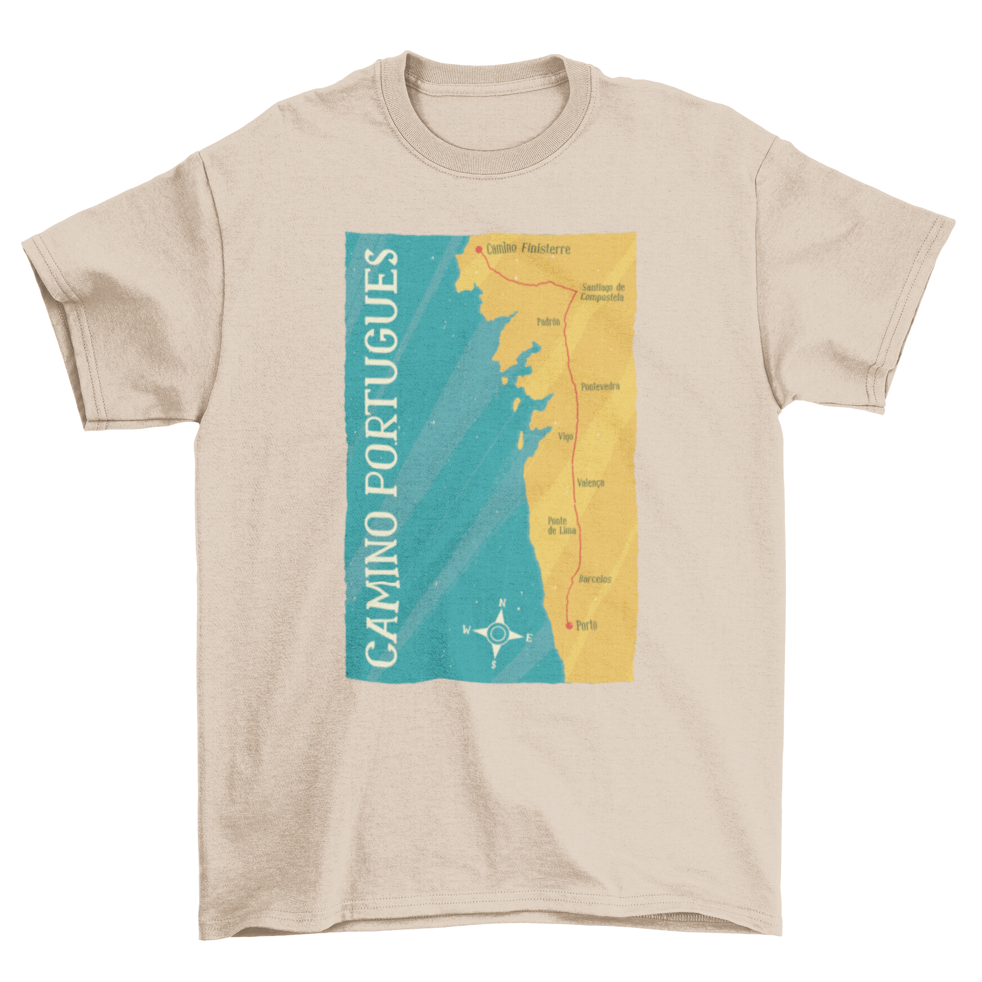 Camino Portugues t-shirt featuring a detailed map illustration and caption.