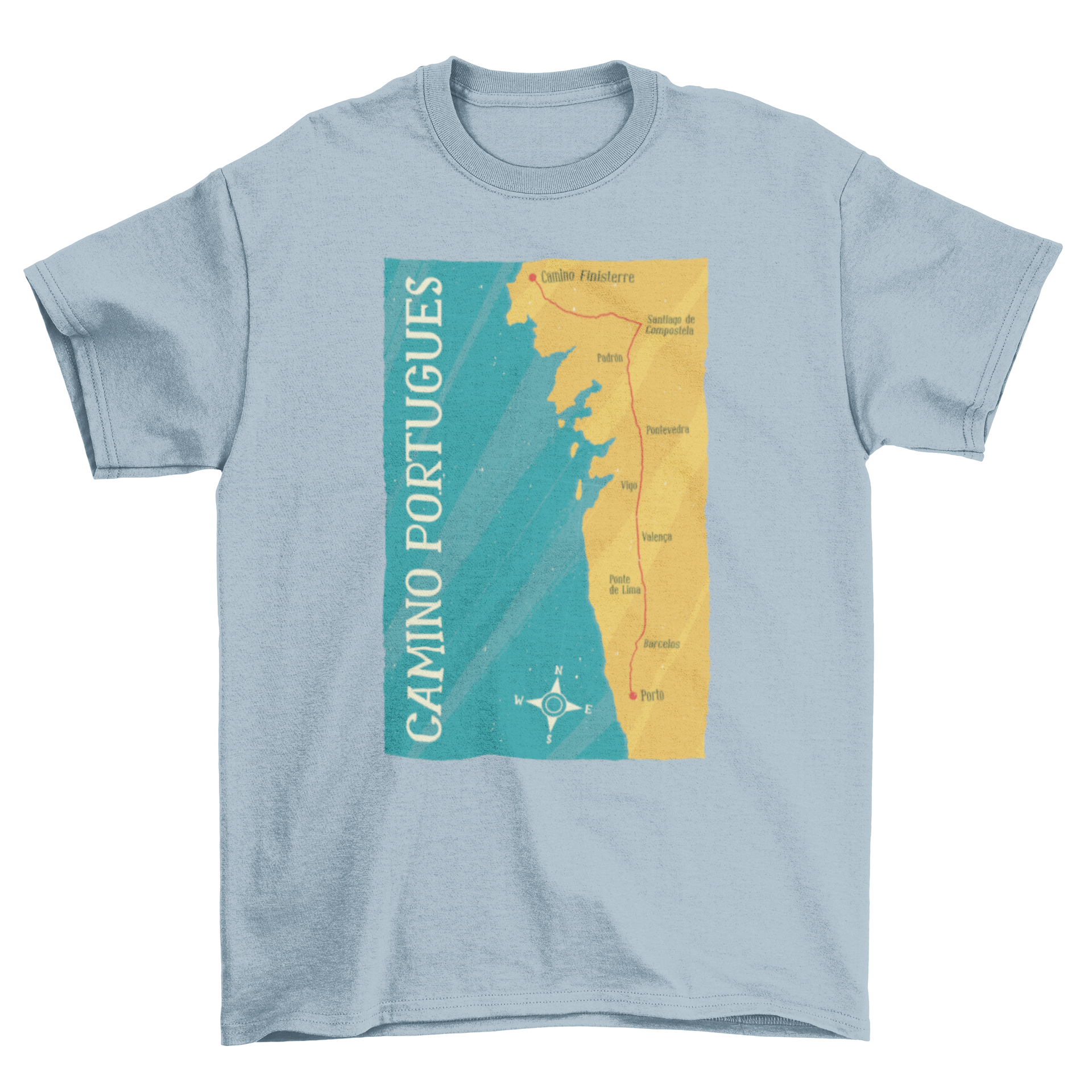 Camino Portugues t-shirt featuring a detailed map illustration and caption.