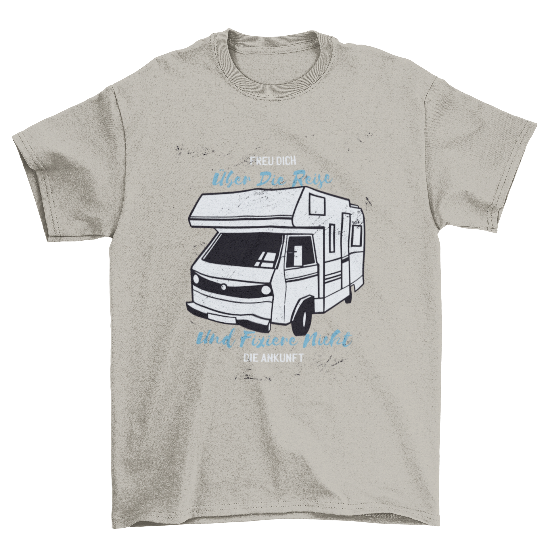 A stylish T-shirt featuring a colorful camper van design with a motivational quote in German, perfect for travel enthusiasts.