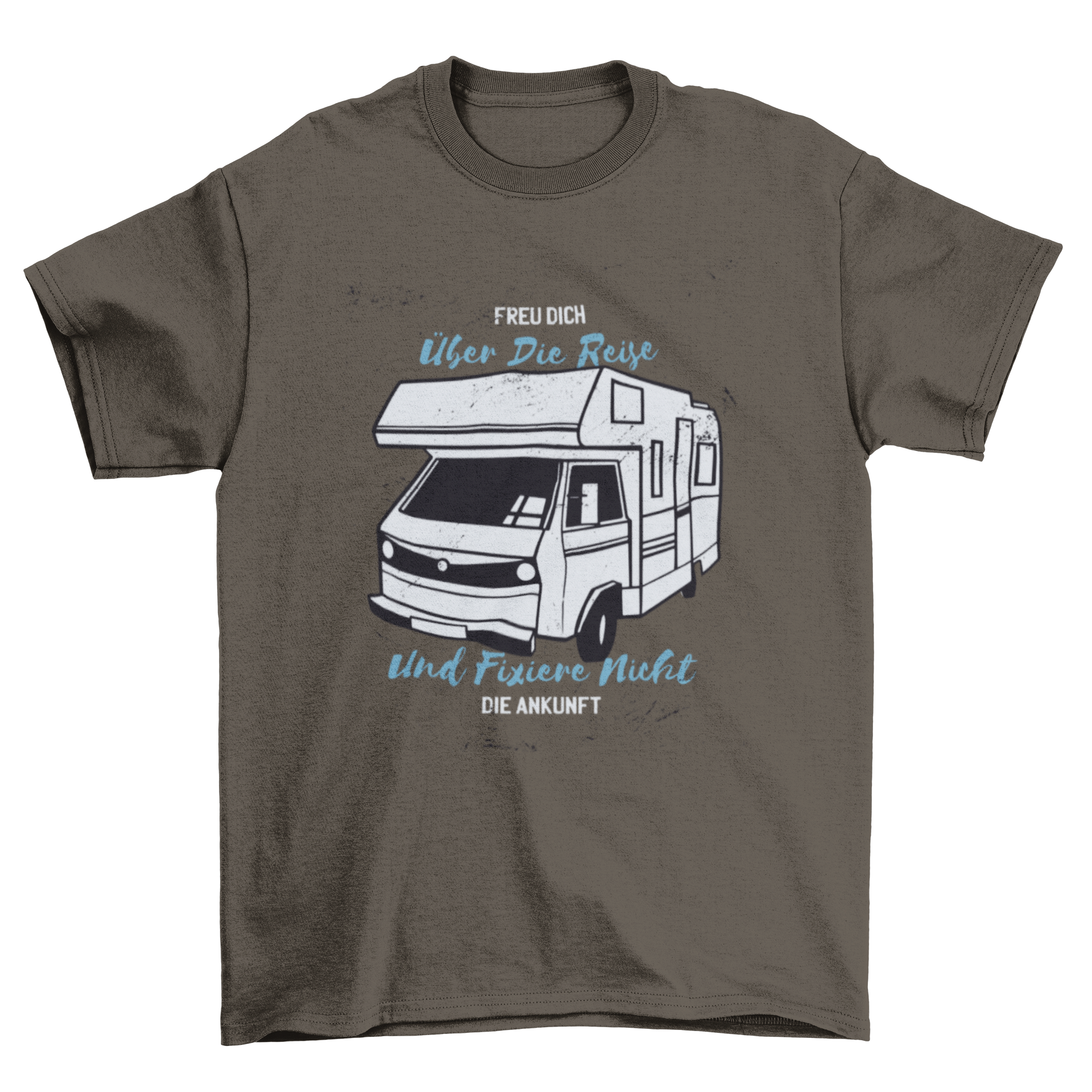 A stylish T-shirt featuring a colorful camper van design with a motivational quote in German, perfect for travel enthusiasts.