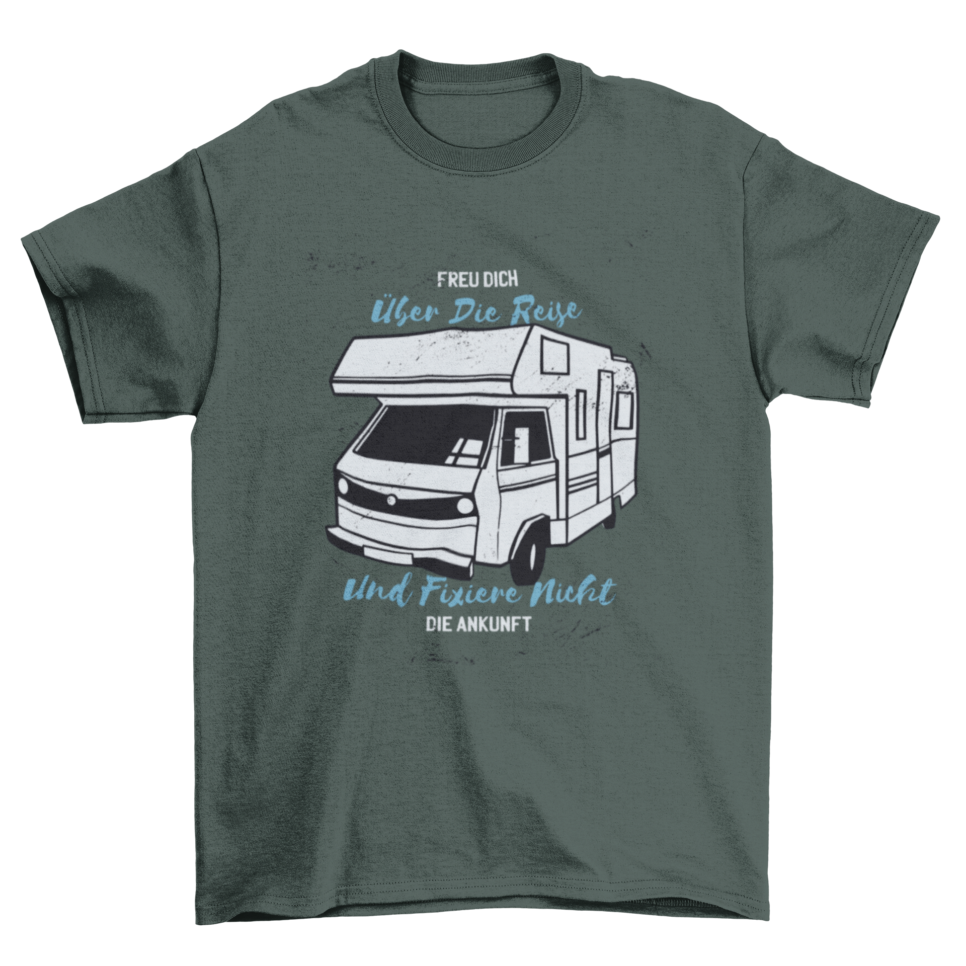 A stylish T-shirt featuring a colorful camper van design with a motivational quote in German, perfect for travel enthusiasts.