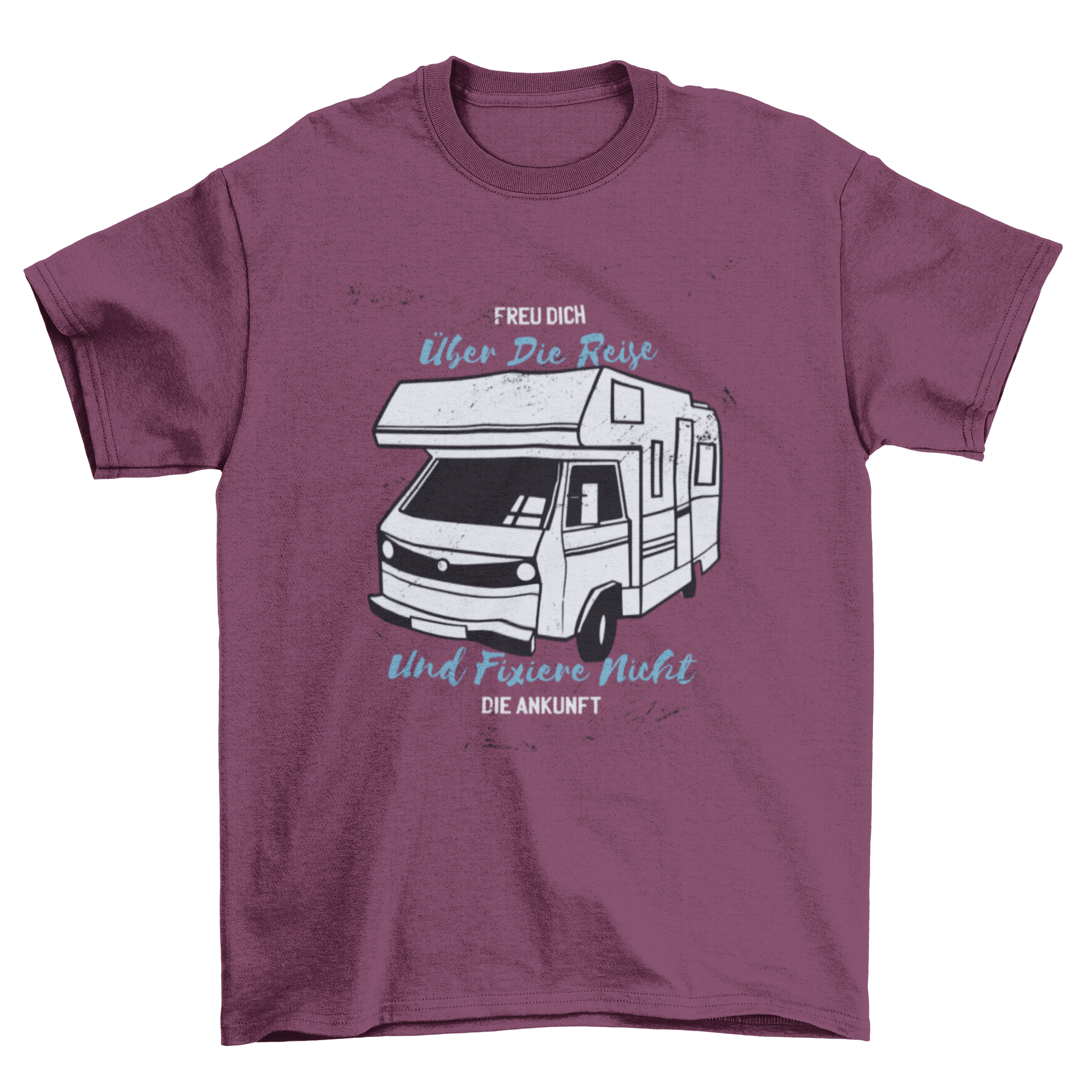 A stylish T-shirt featuring a colorful camper van design with a motivational quote in German, perfect for travel enthusiasts.