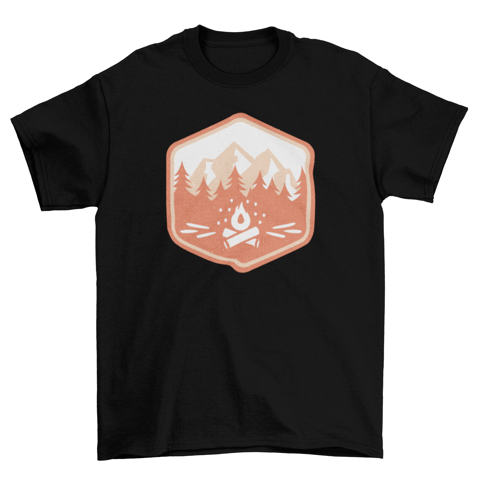 Camping badge t-shirt featuring a monochromatic design with a bonfire in the woods.