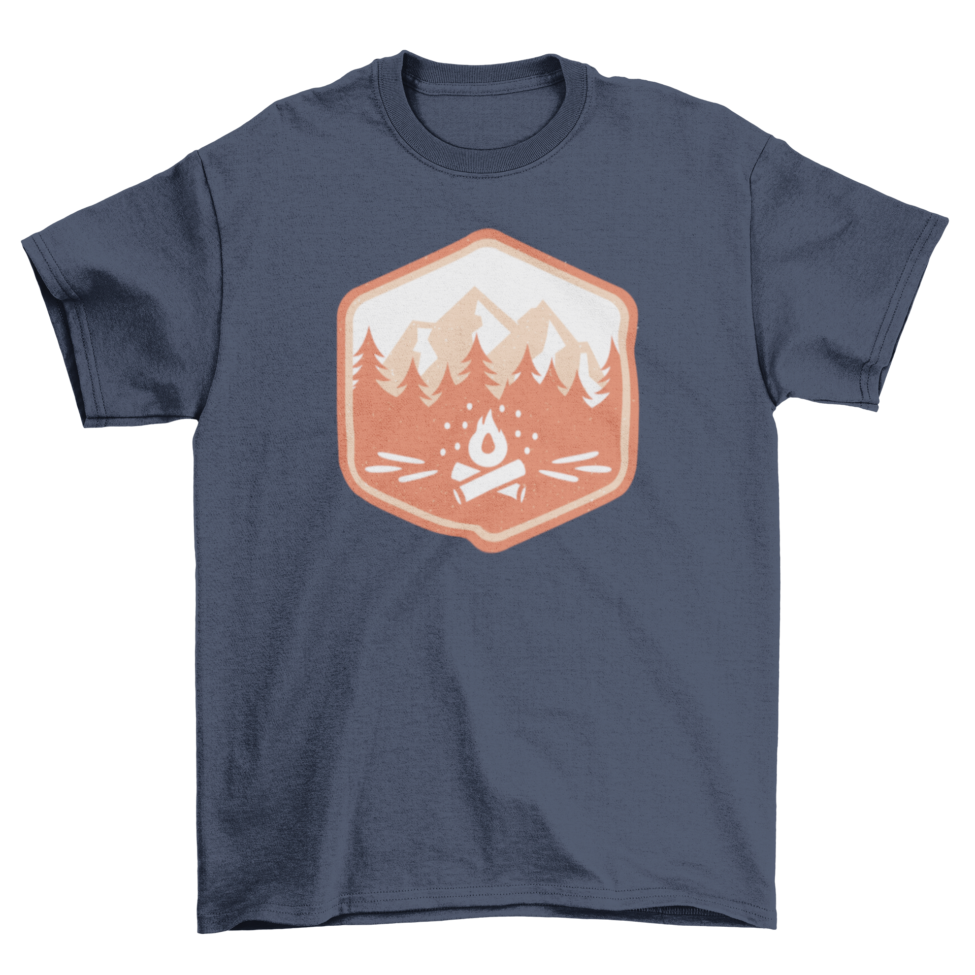 Camping badge t-shirt featuring a monochromatic design with a bonfire in the woods.