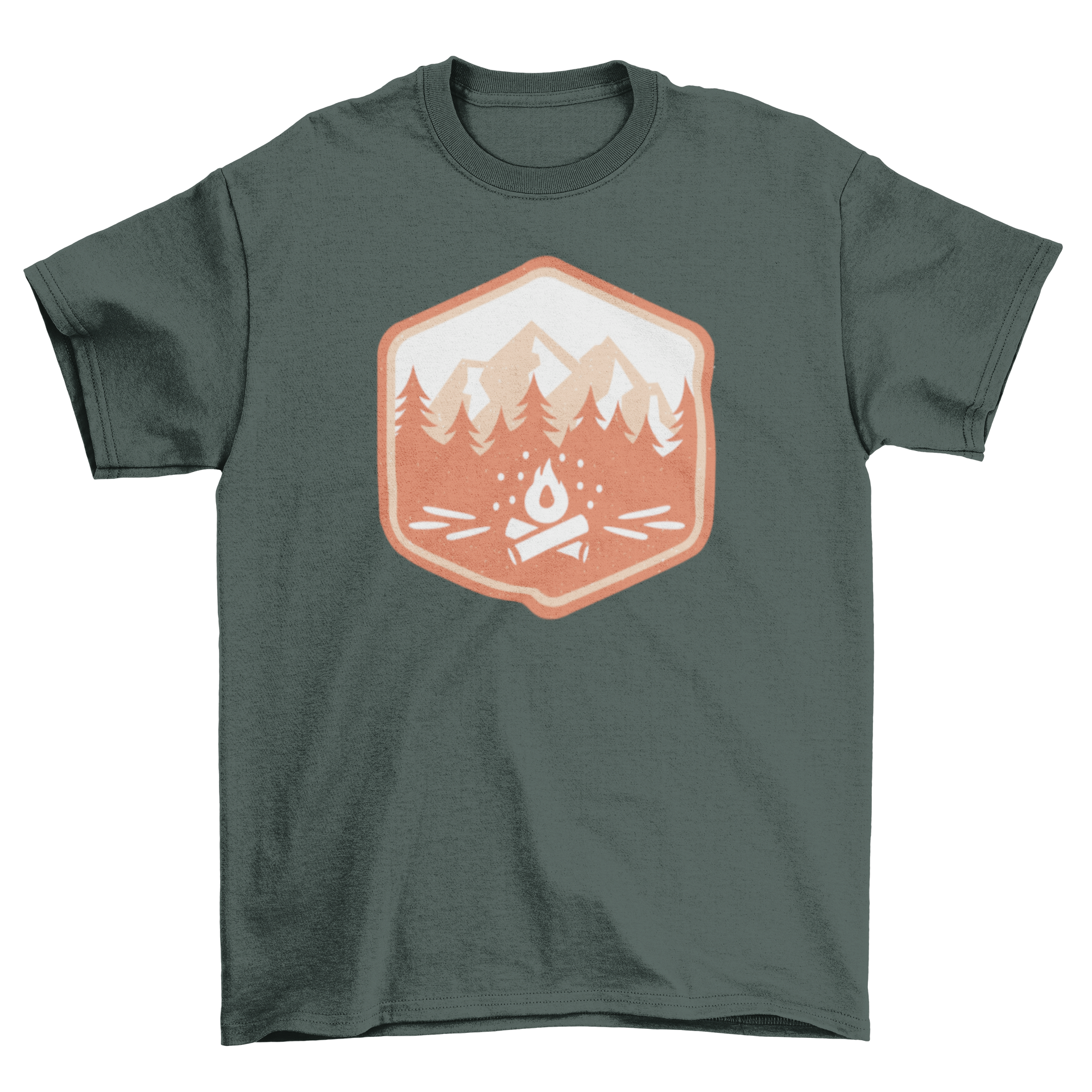Camping badge t-shirt featuring a monochromatic design with a bonfire in the woods.