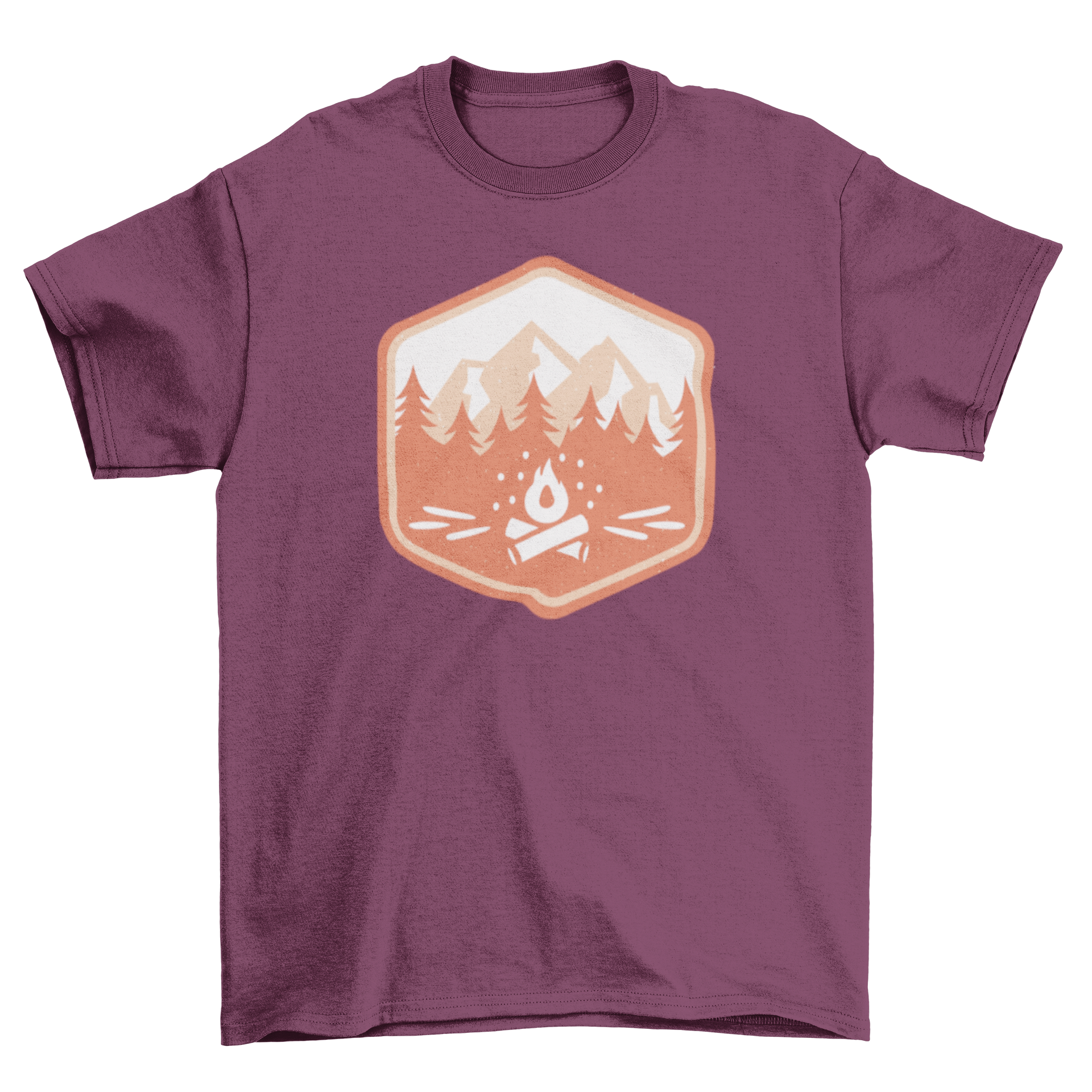 Camping badge t-shirt featuring a monochromatic design with a bonfire in the woods.