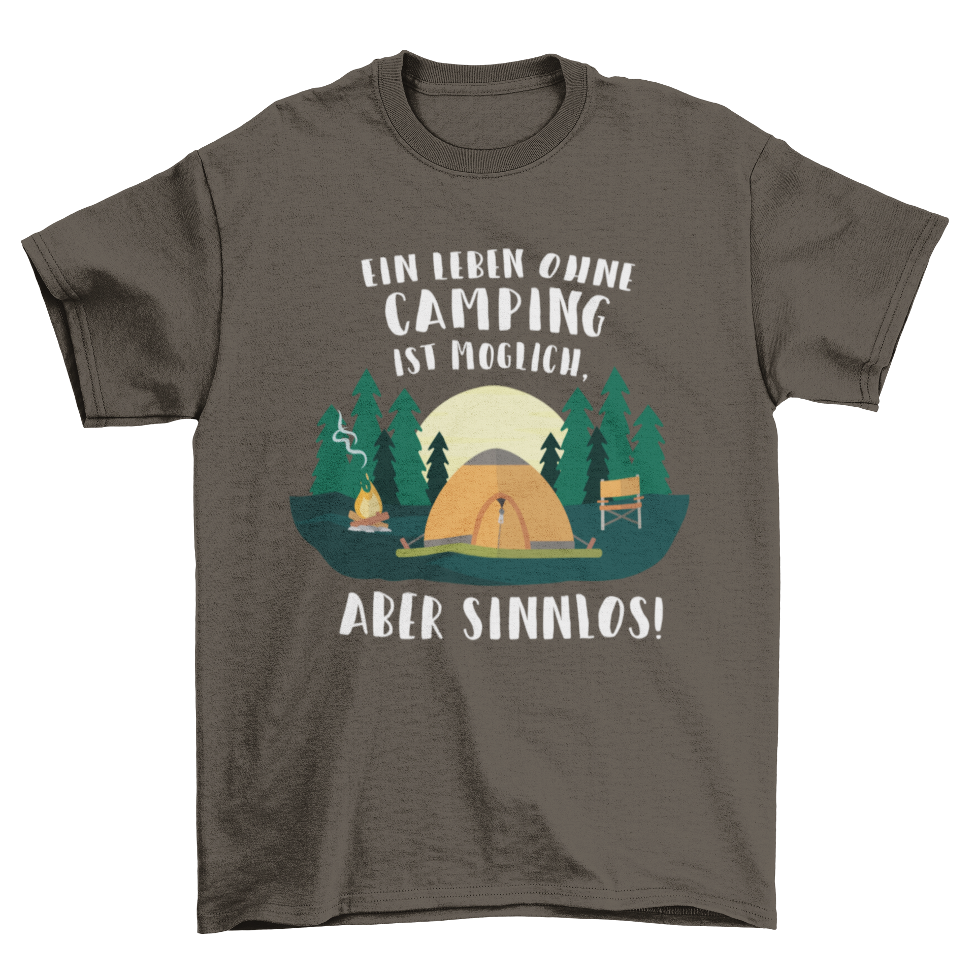 A stylish t-shirt featuring a German camping quote design, showcasing the phrase 'Ein leben ohne camping ist möglich aber sinnlos' in bold typography.