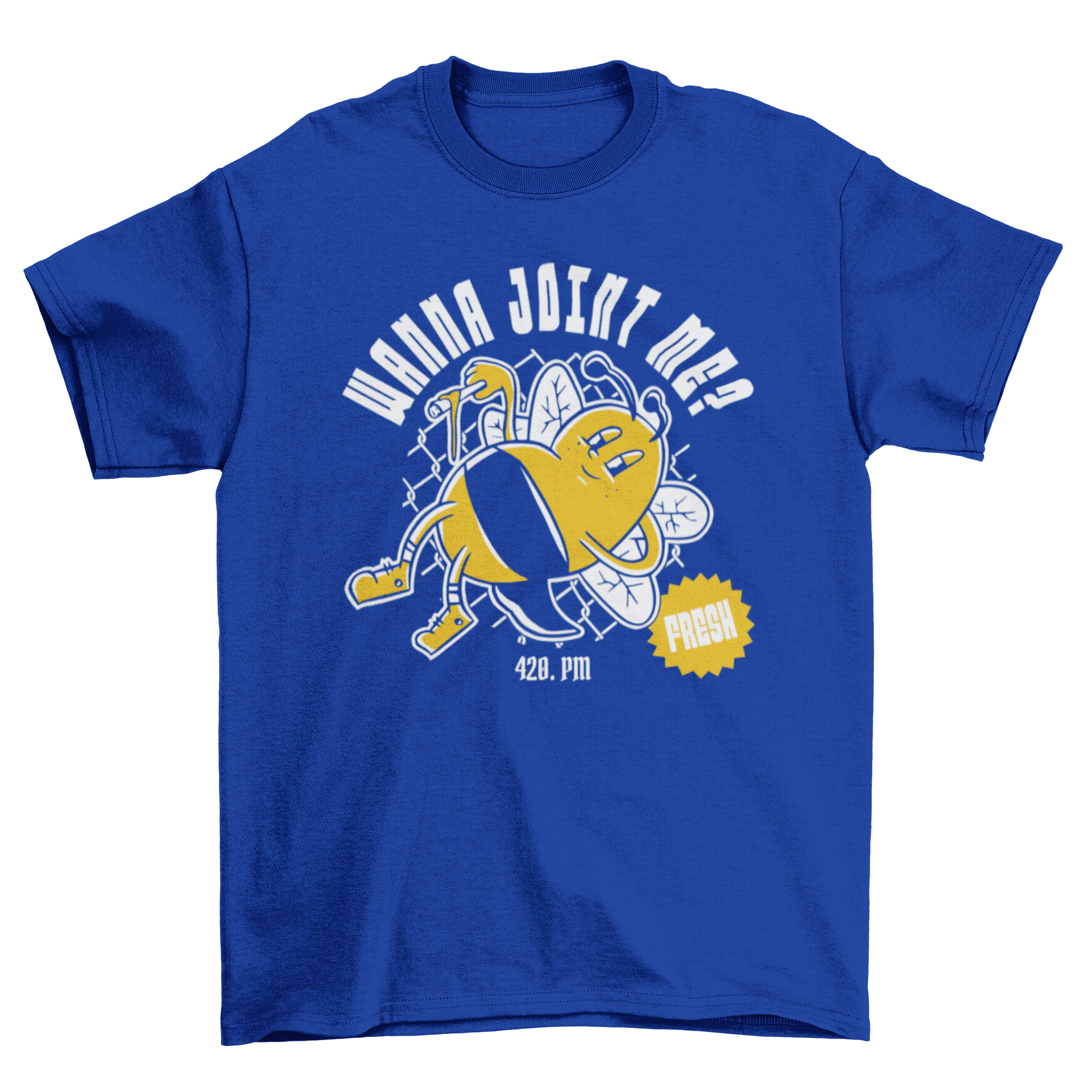 A playful cartoon bee next to the quote 'Wanna joint me?' on a stylish t-shirt.