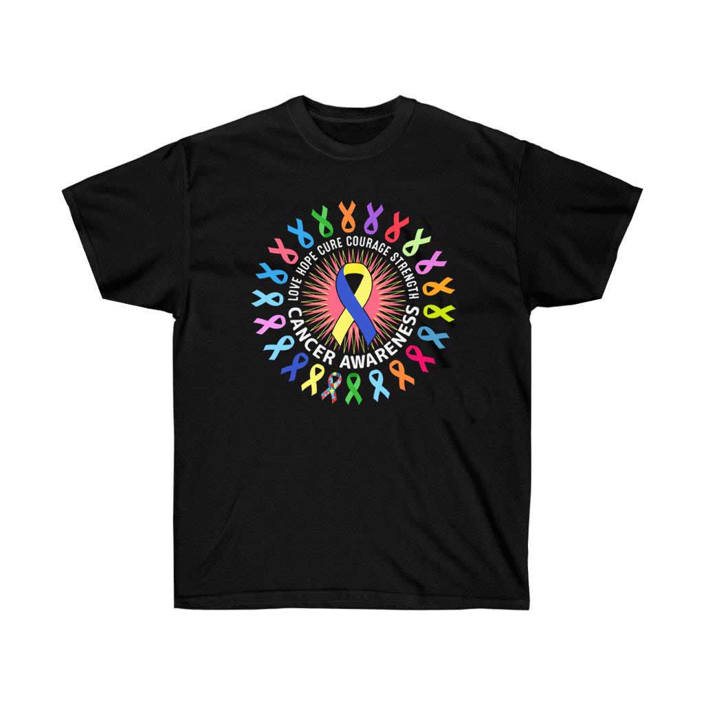 A vibrant Cancer Awareness T-Shirt made from 100% soft cotton, featuring bold graphics and a unisex design, perfect for showing support.