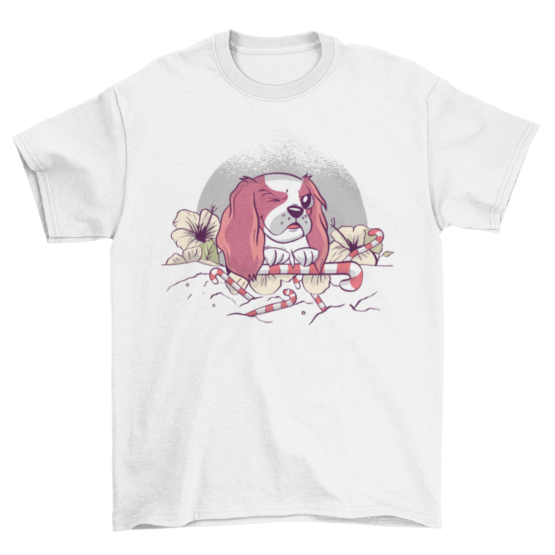 A colorful t-shirt design featuring a happy dog surrounded by flowers and candy canes, perfect for pet lovers.