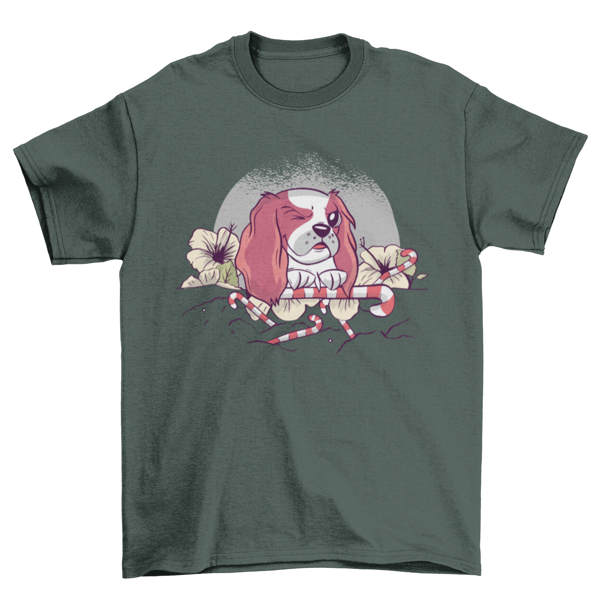 A colorful t-shirt design featuring a happy dog surrounded by flowers and candy canes, perfect for pet lovers.