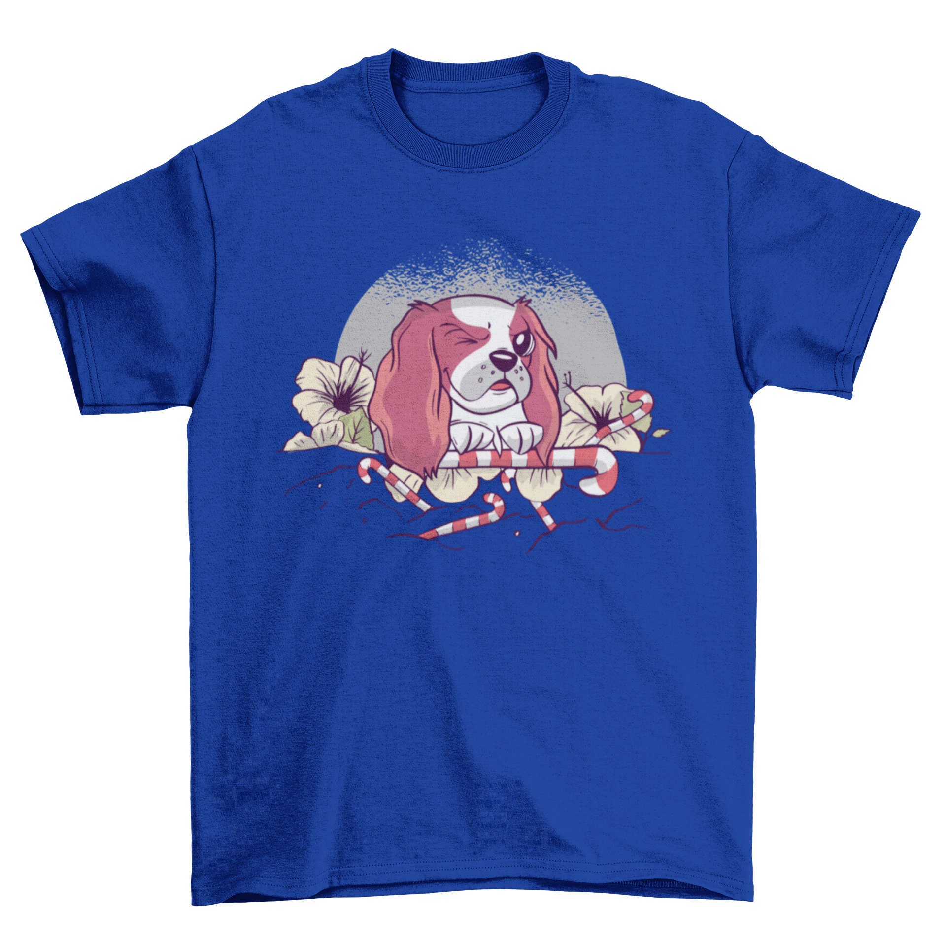 A colorful t-shirt design featuring a happy dog surrounded by flowers and candy canes, perfect for pet lovers.