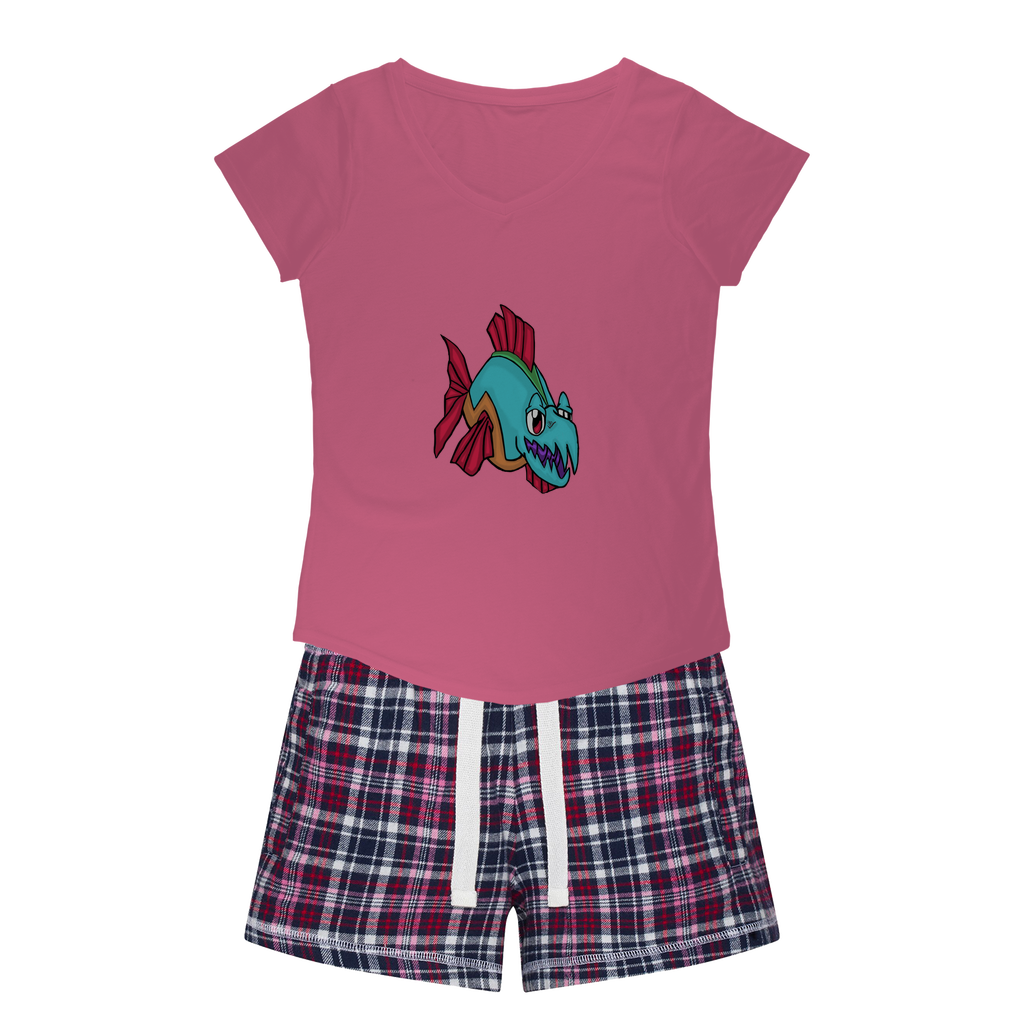 Cannip Women's Sleepy Tee and Flannel Short set featuring a relaxed fit T-shirt and vibrant flannel shorts, perfect for comfortable sleepwear.