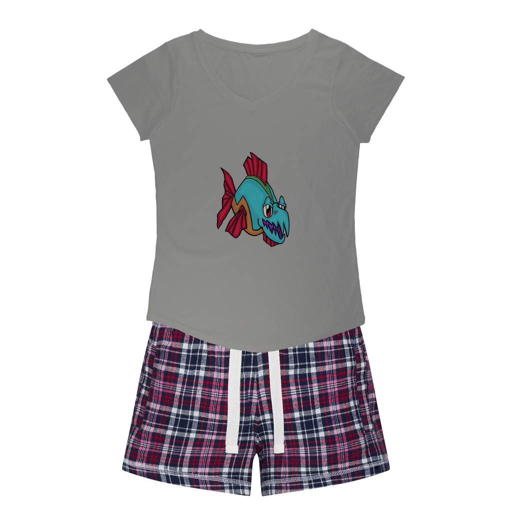 Cannip Women's Sleepy Tee and Flannel Short set featuring a relaxed fit T-shirt and vibrant flannel shorts, perfect for comfortable sleepwear.