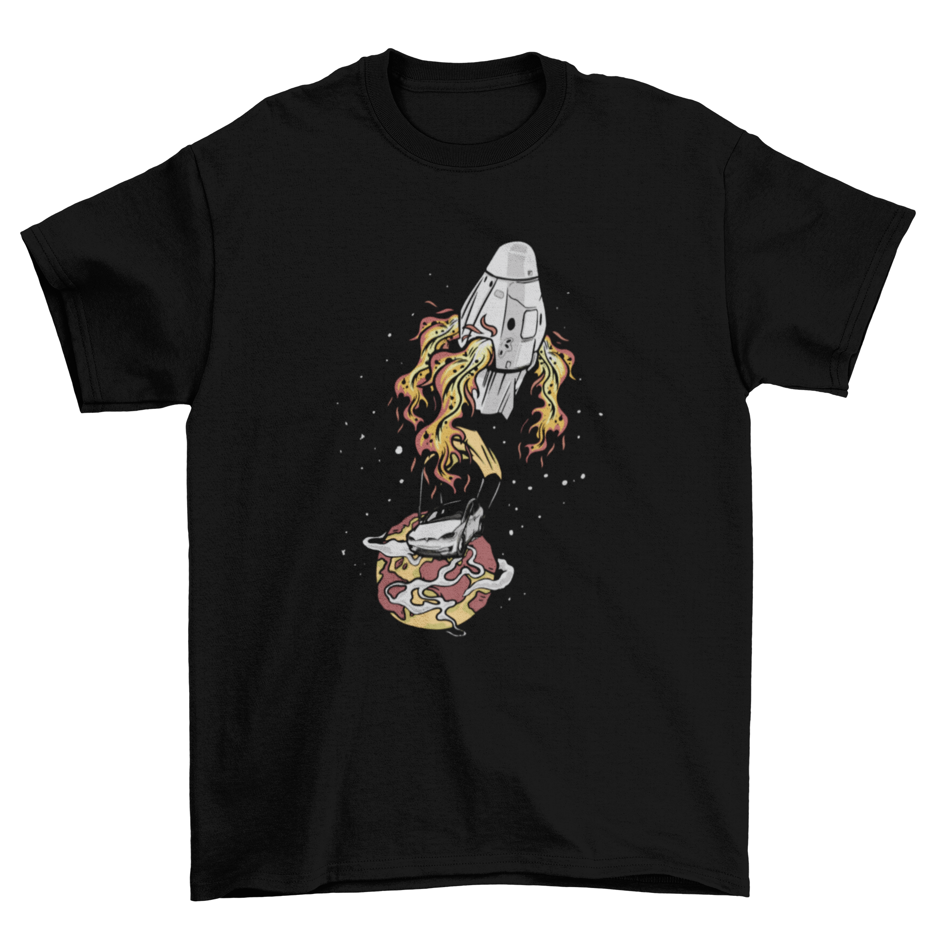 Car Landing T-Shirt featuring an illustration of a car landing on a planet, showcasing vibrant colors and unique design.