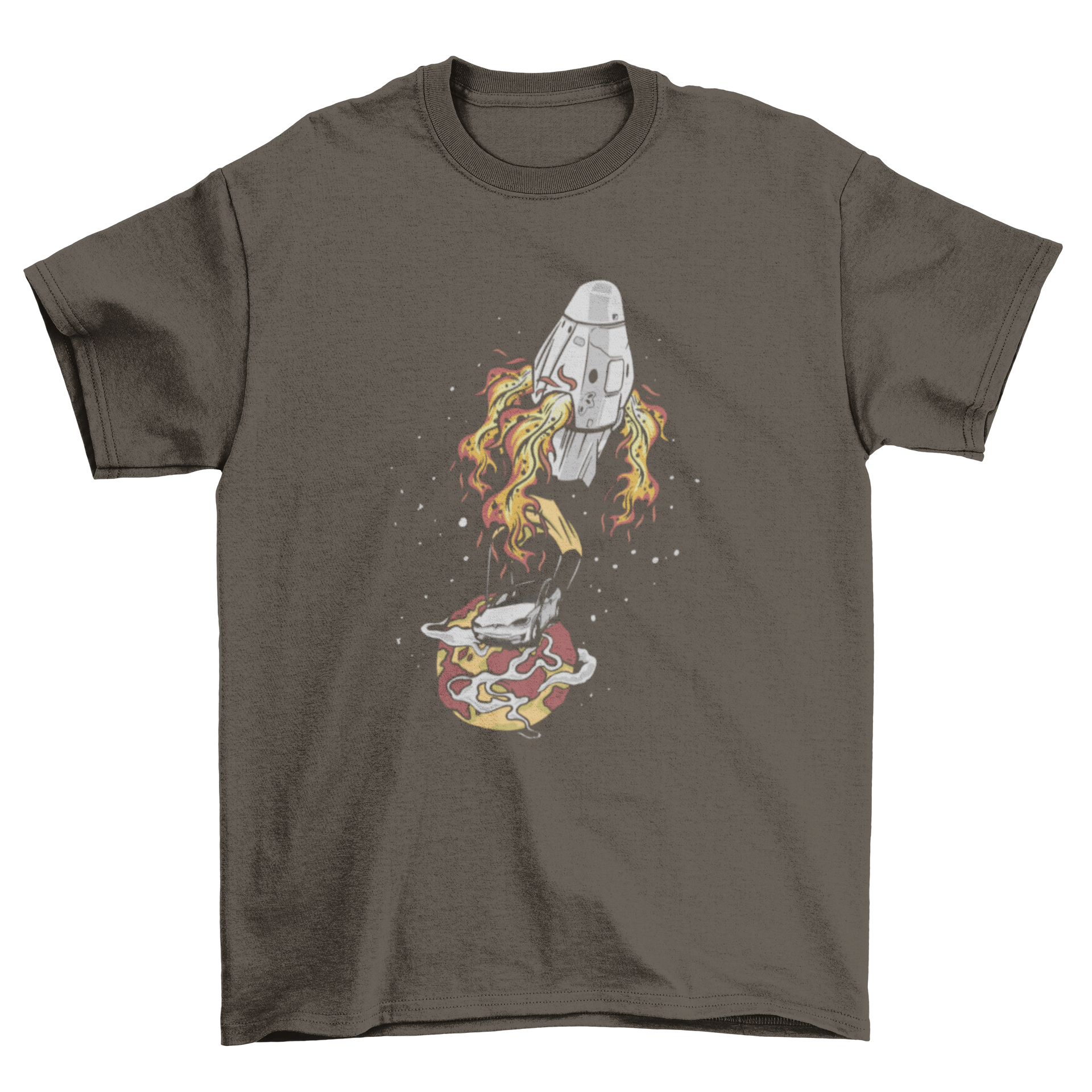 Car Landing T-Shirt featuring an illustration of a car landing on a planet, showcasing vibrant colors and unique design.
