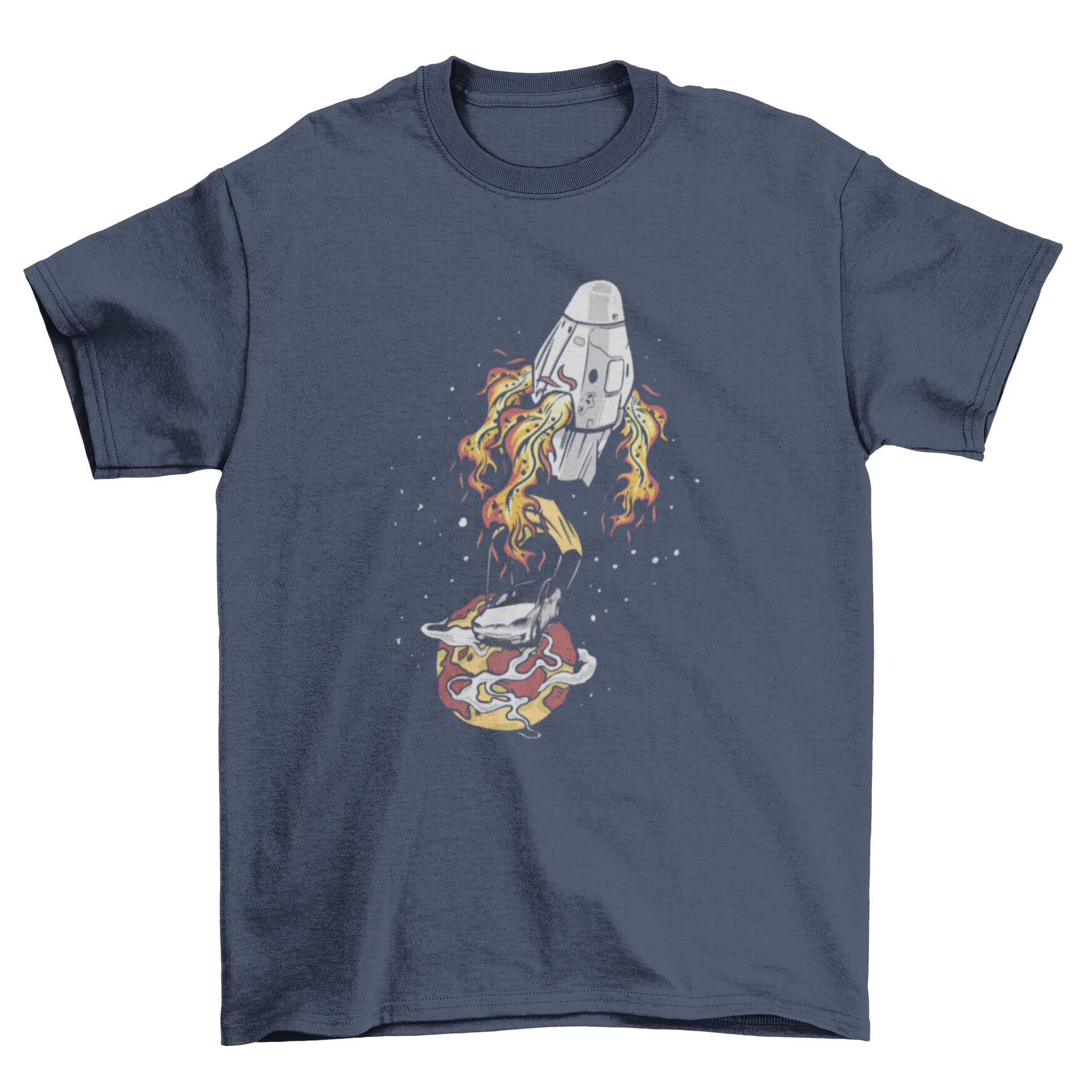 Car Landing T-Shirt featuring an illustration of a car landing on a planet, showcasing vibrant colors and unique design.