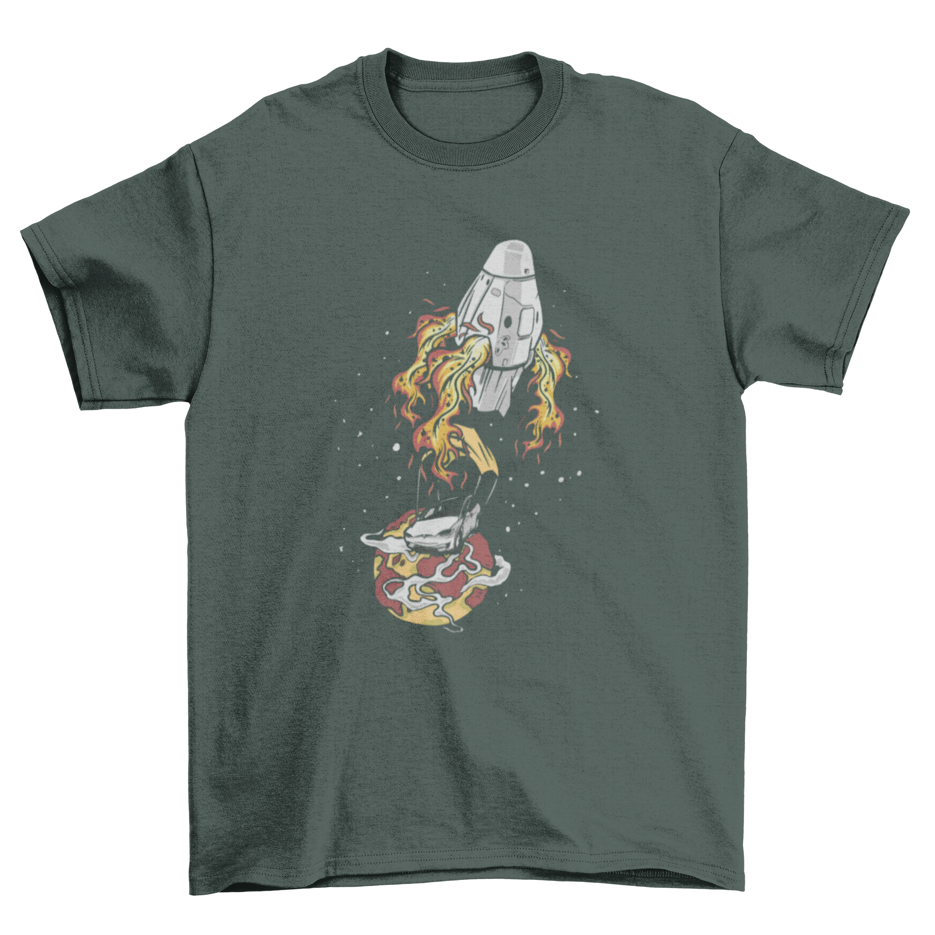 Car Landing T-Shirt featuring an illustration of a car landing on a planet, showcasing vibrant colors and unique design.