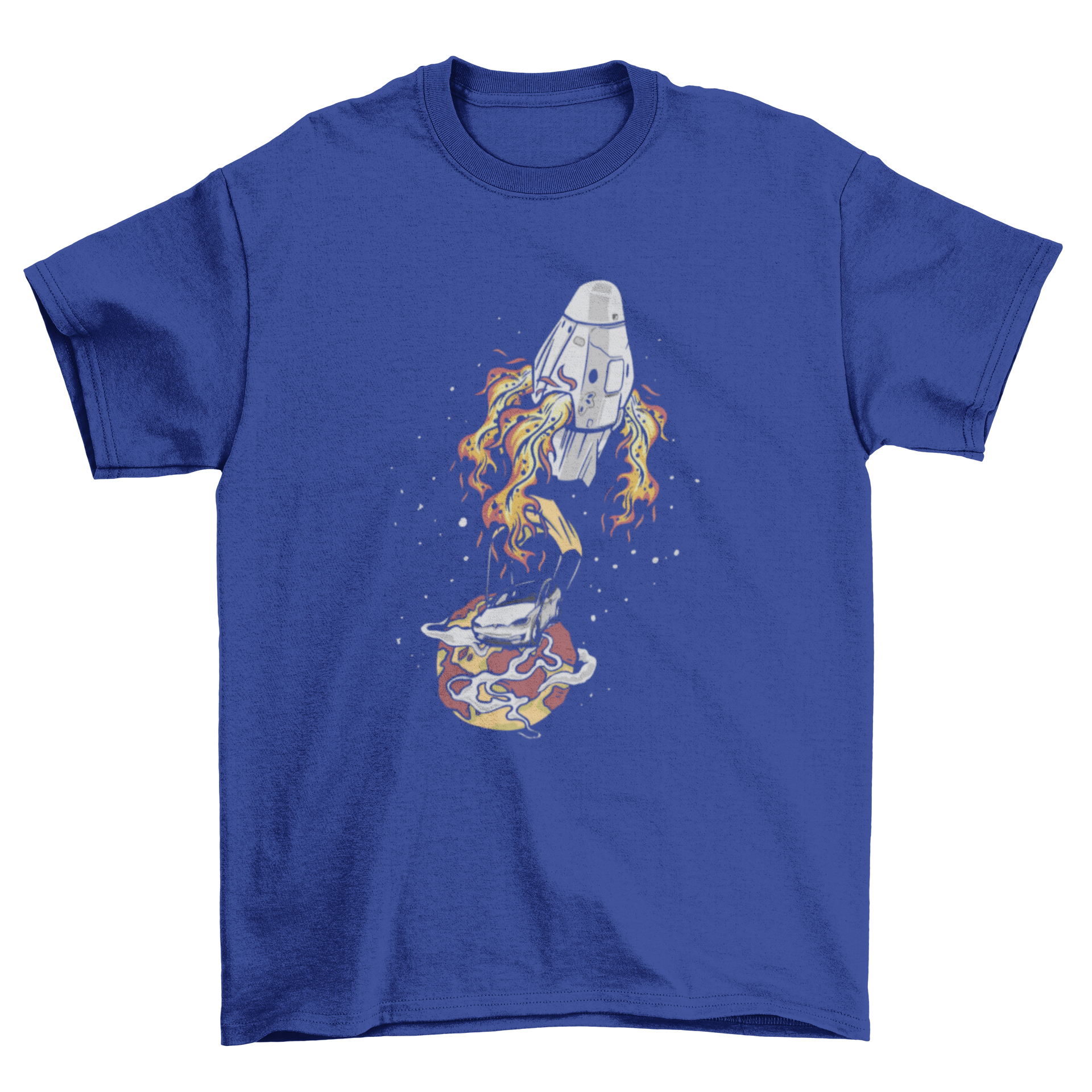 Car Landing T-Shirt featuring an illustration of a car landing on a planet, showcasing vibrant colors and unique design.