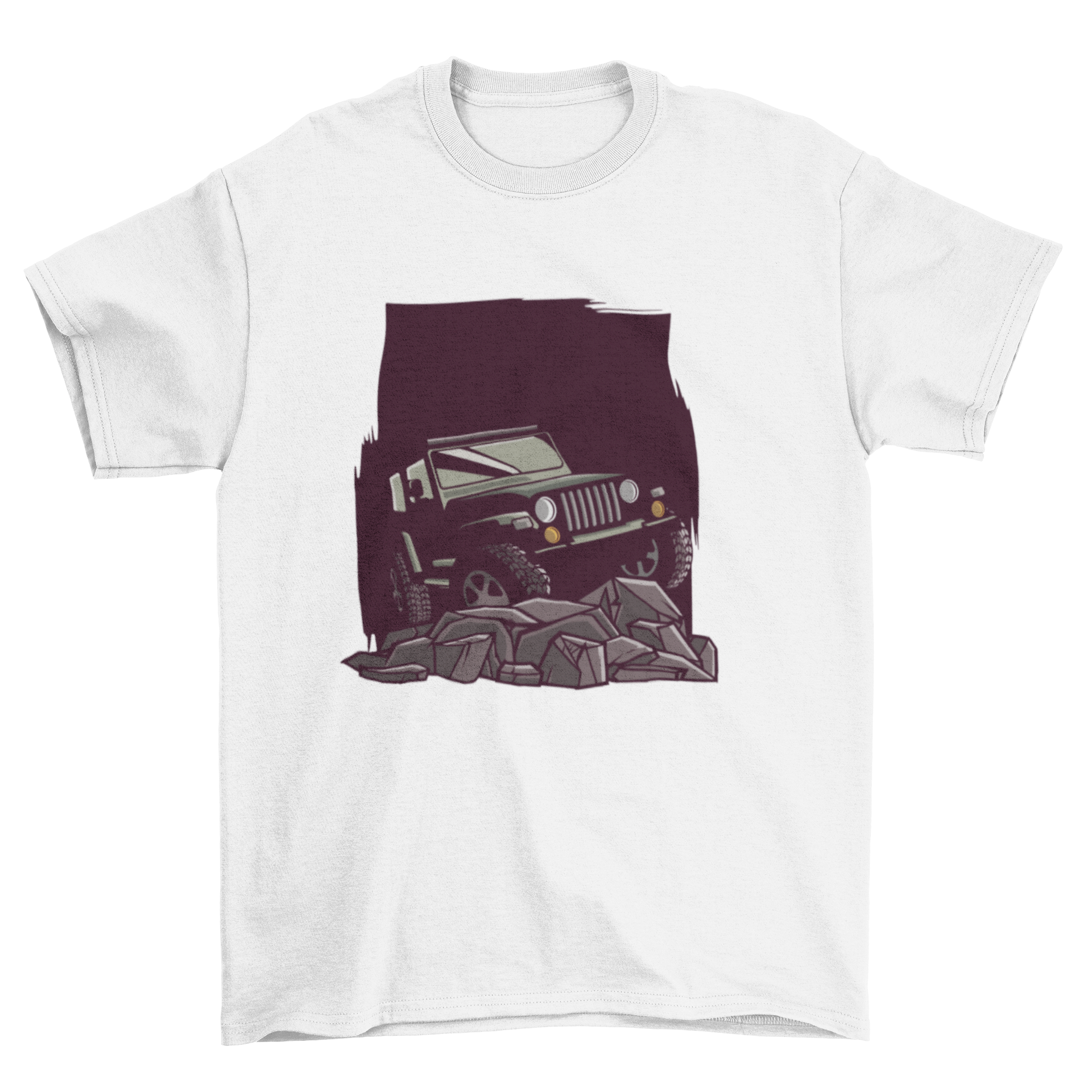 A graphic T-shirt featuring a car on a rocky mound, symbolizing adventure and exploration.