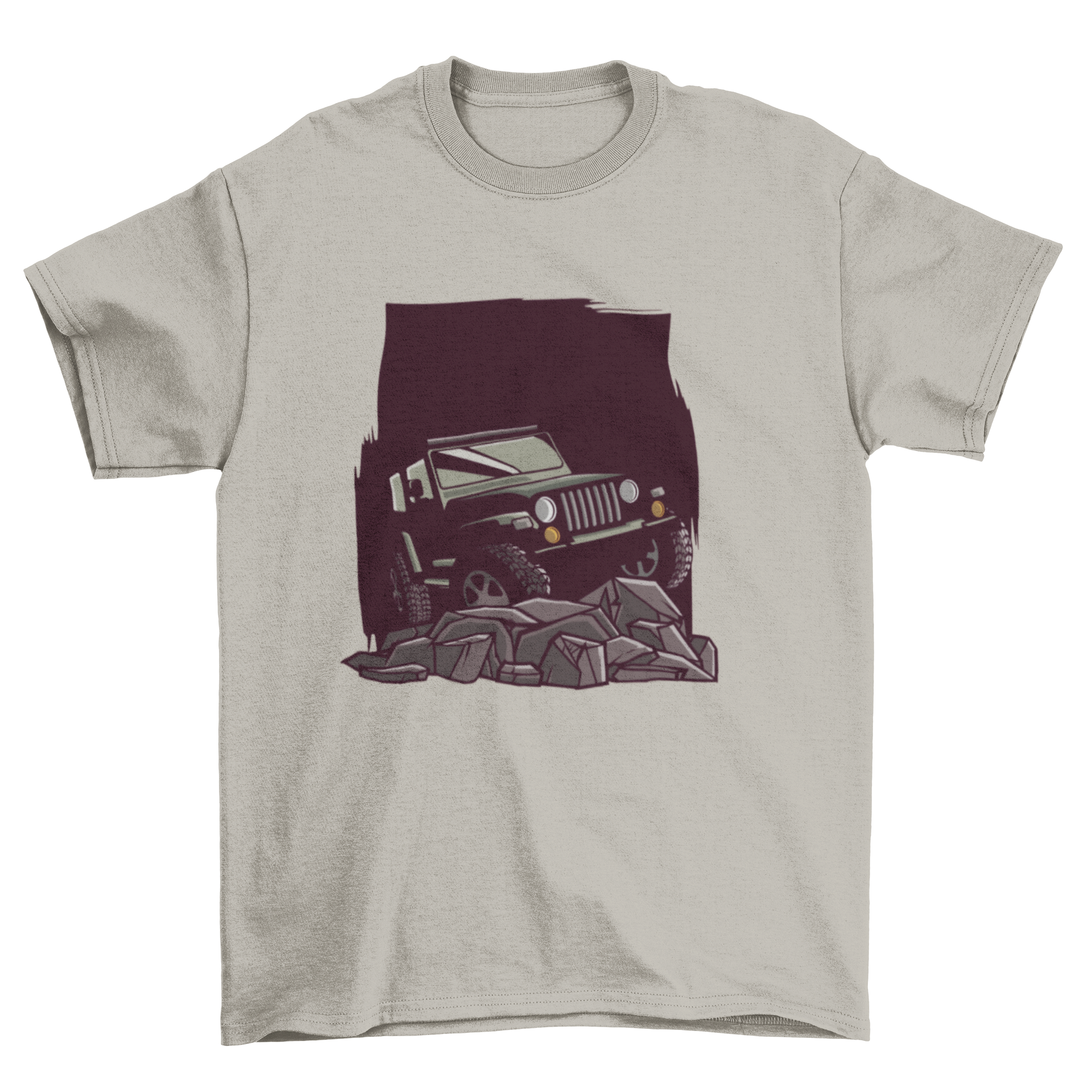 A graphic T-shirt featuring a car on a rocky mound, symbolizing adventure and exploration.