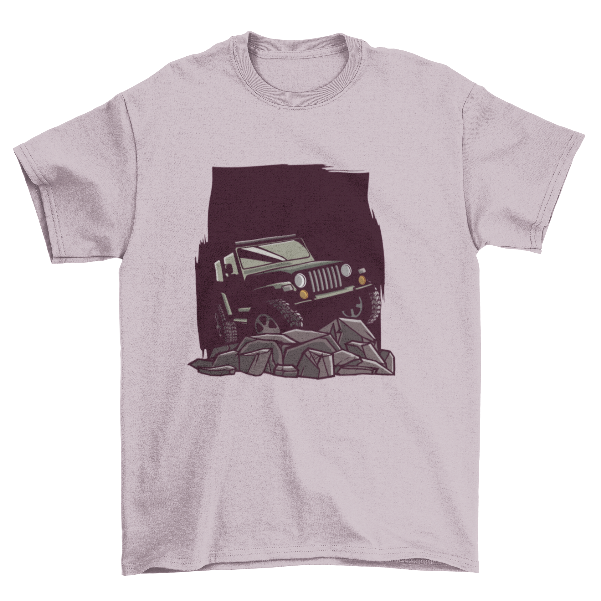 A graphic T-shirt featuring a car on a rocky mound, symbolizing adventure and exploration.