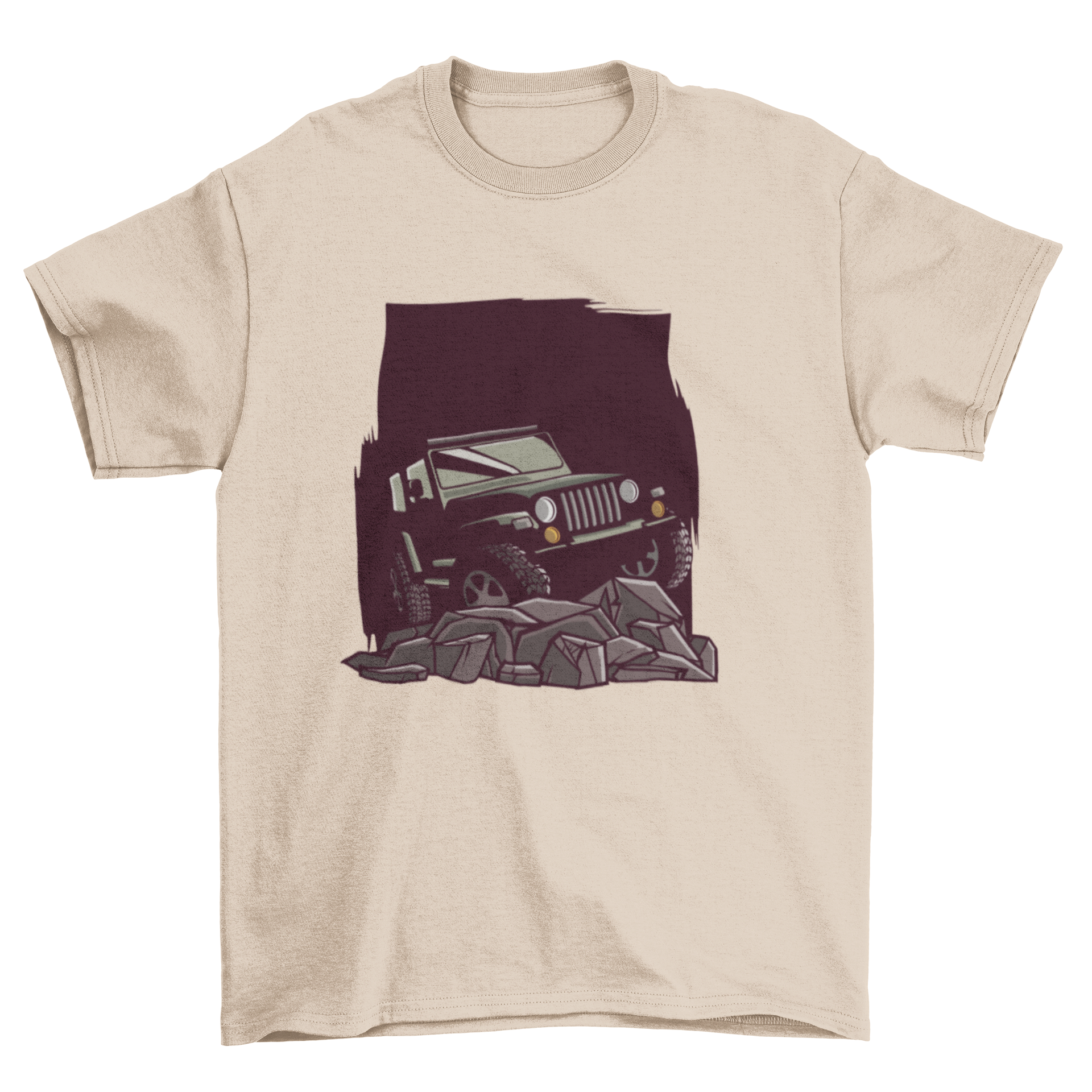 A graphic T-shirt featuring a car on a rocky mound, symbolizing adventure and exploration.