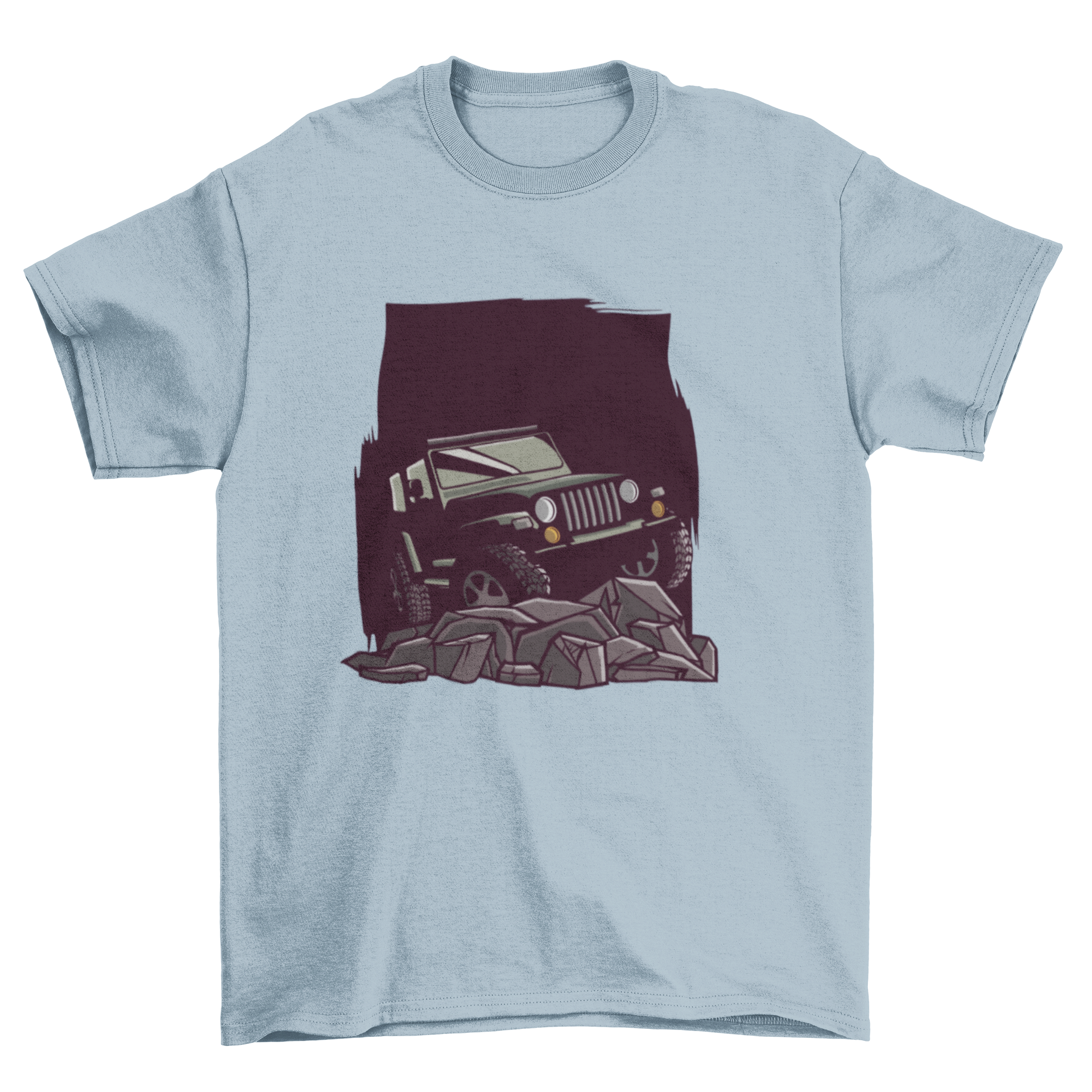 A graphic T-shirt featuring a car on a rocky mound, symbolizing adventure and exploration.