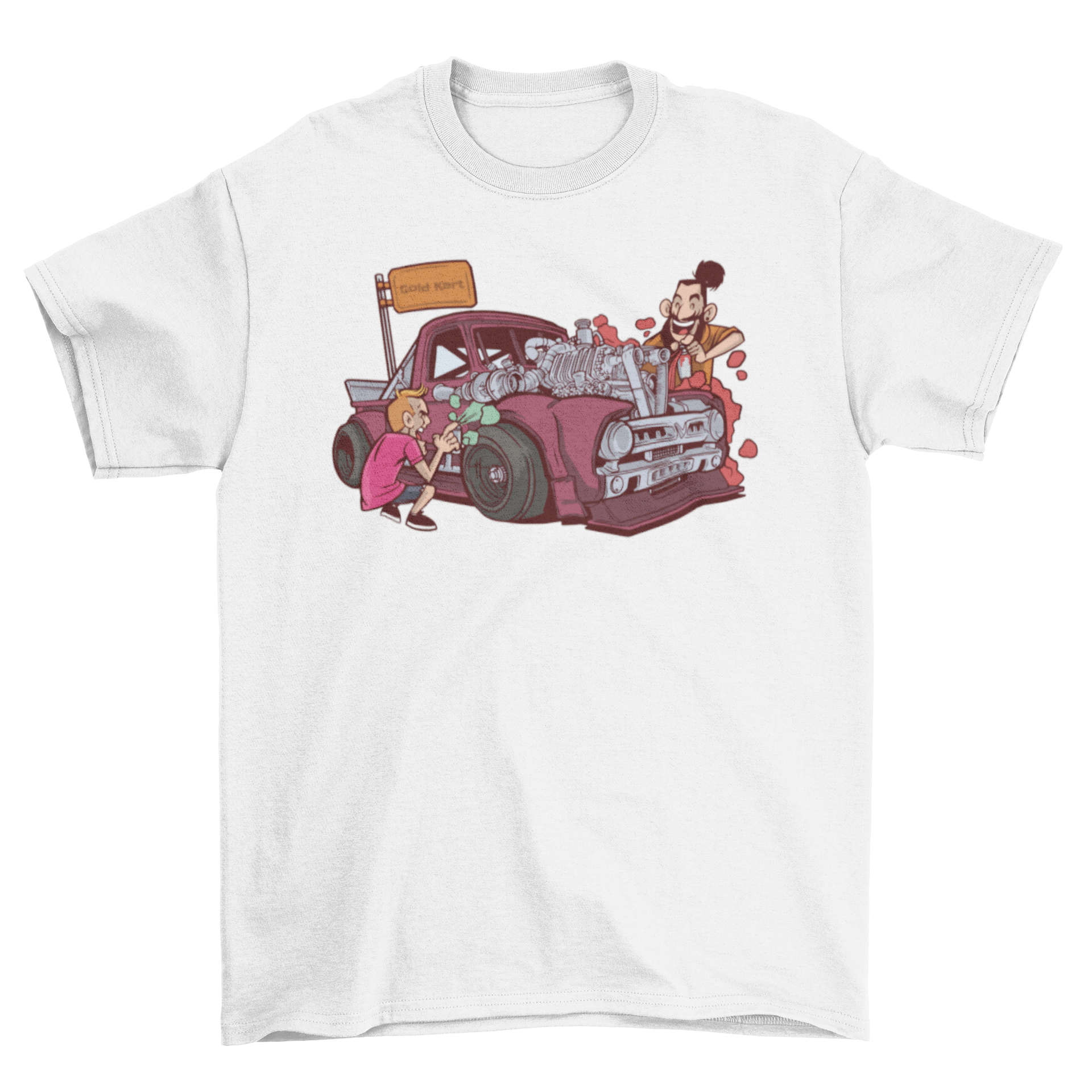 A stylish t-shirt featuring a vibrant design of two men spray painting a car, perfect for car enthusiasts.