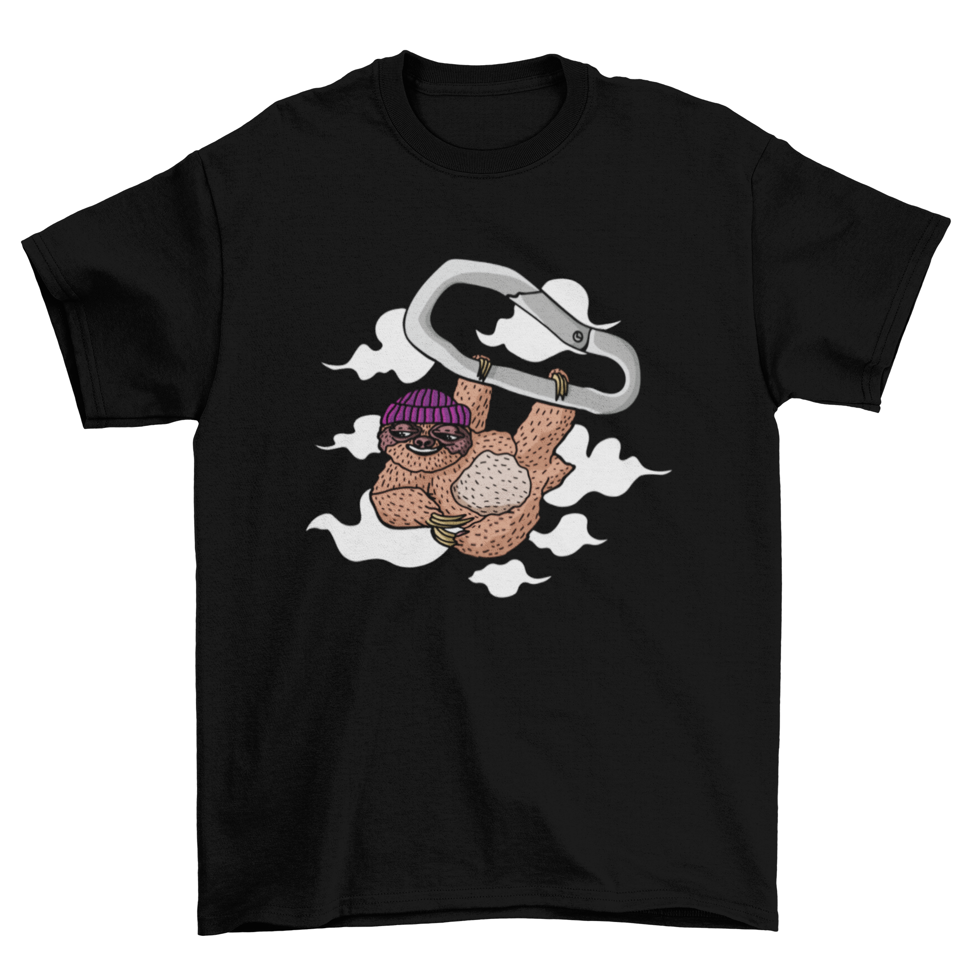 A playful t-shirt featuring a sloth hanging from a carabiner, showcasing a fun and unique design.