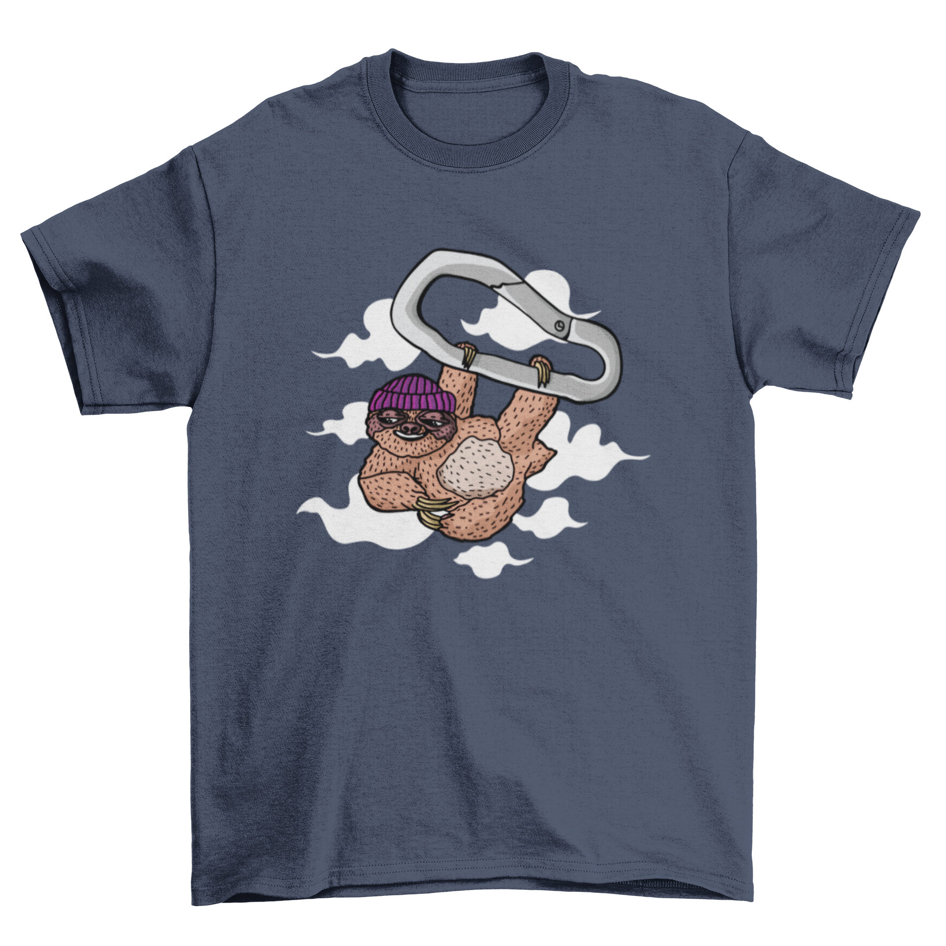 A playful t-shirt featuring a sloth hanging from a carabiner, showcasing a fun and unique design.