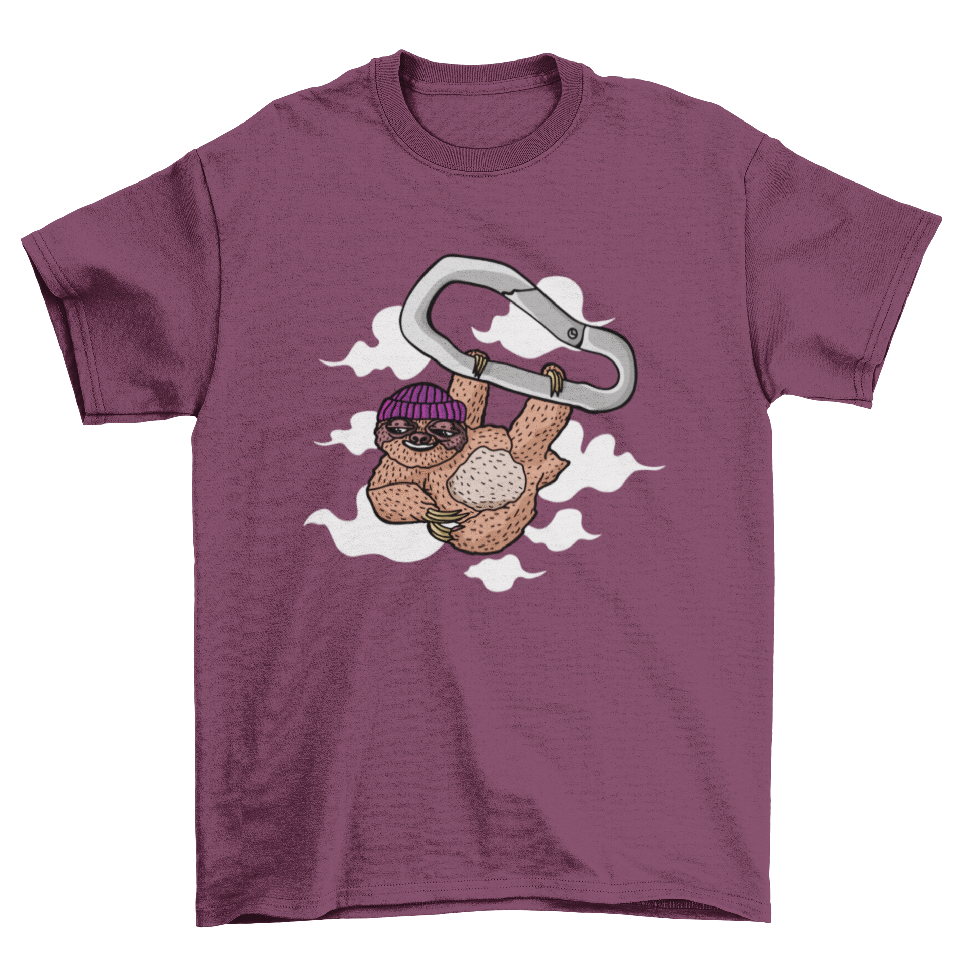 A playful t-shirt featuring a sloth hanging from a carabiner, showcasing a fun and unique design.