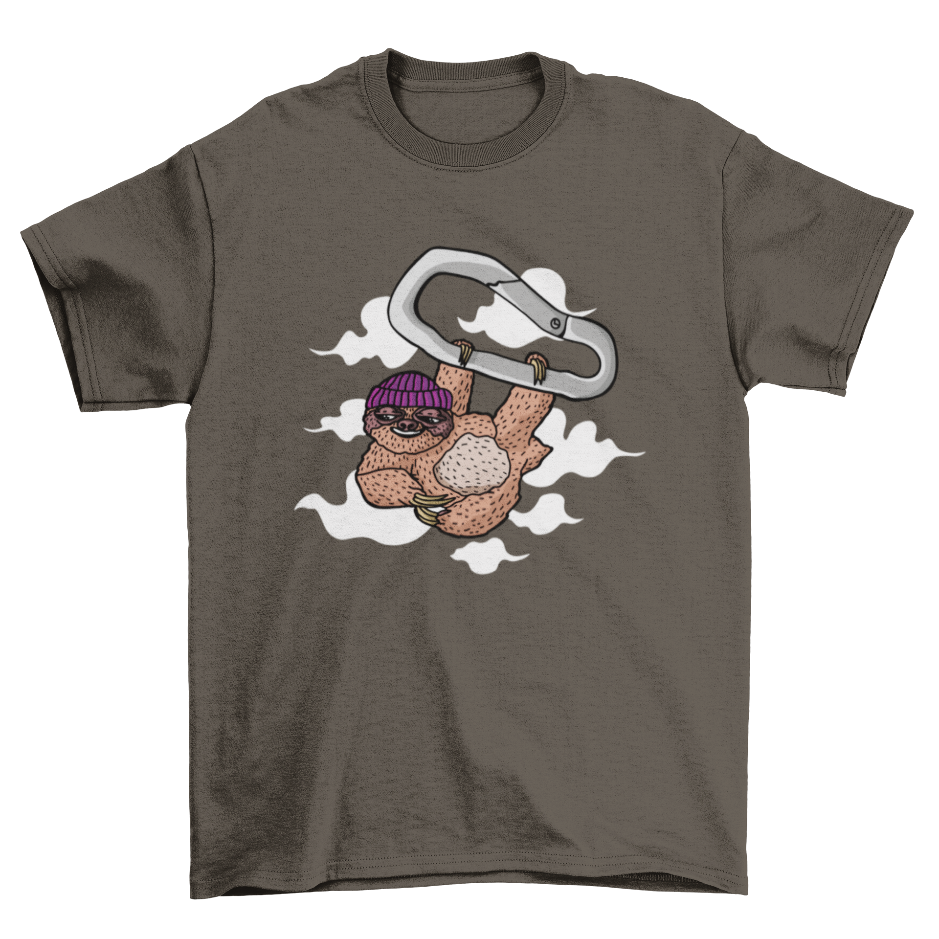A playful t-shirt featuring a sloth hanging from a carabiner, showcasing a fun and unique design.