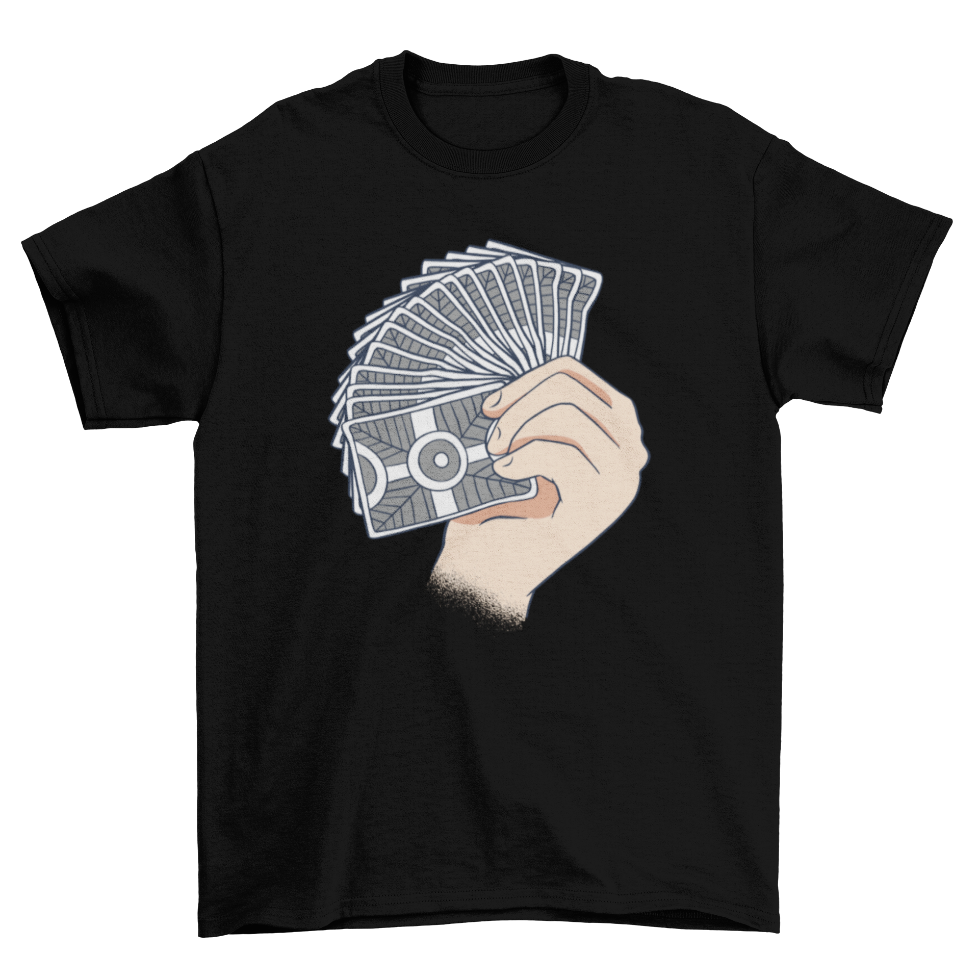 A stylish t-shirt featuring an illustration of a hand fanning a deck of cards, perfect for card game enthusiasts.
