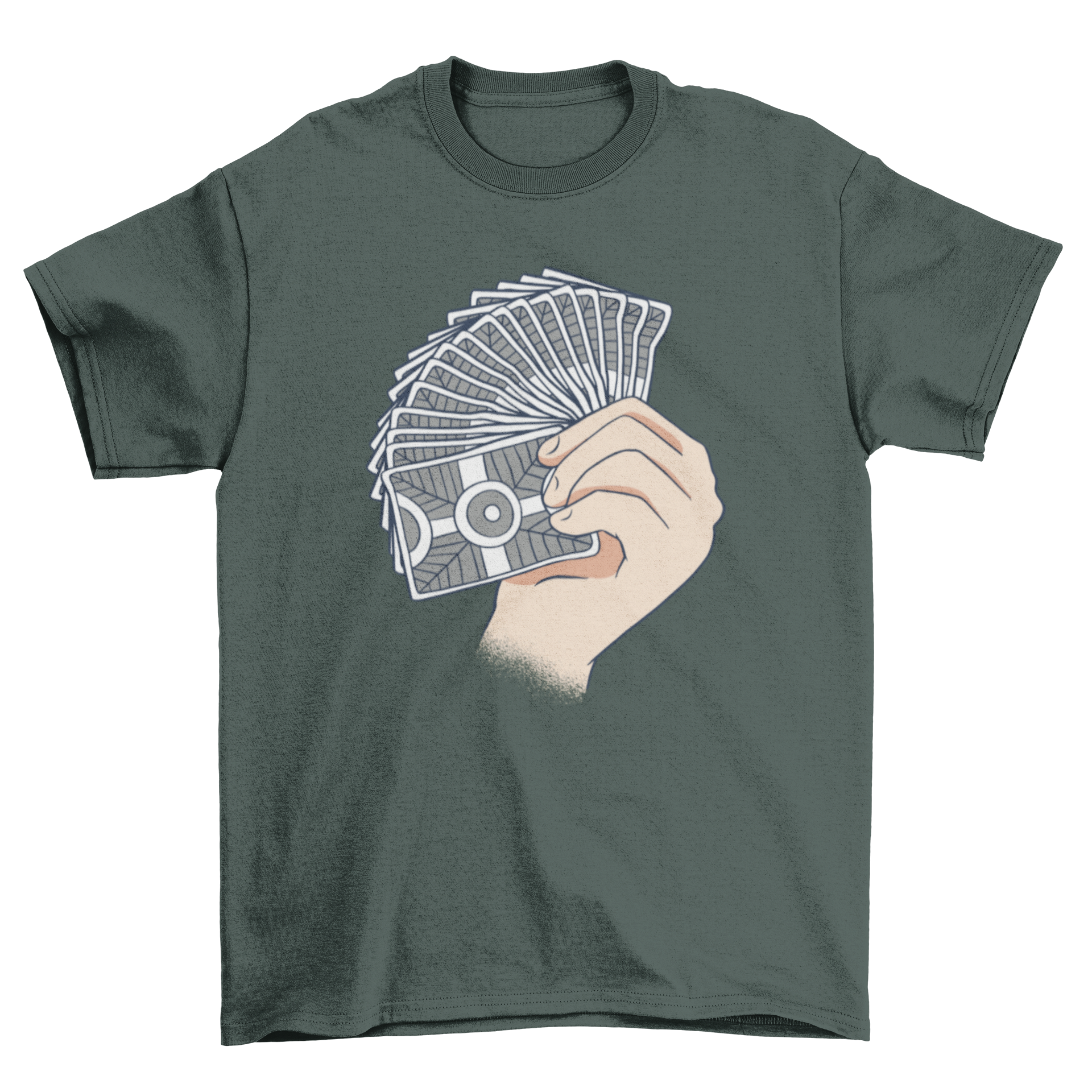 A stylish t-shirt featuring an illustration of a hand fanning a deck of cards, perfect for card game enthusiasts.
