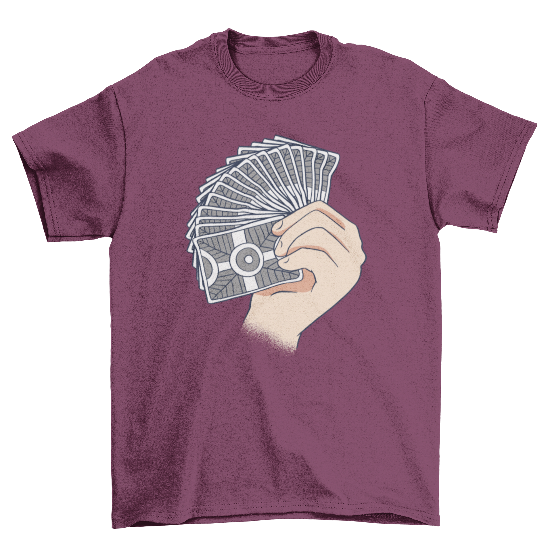 A stylish t-shirt featuring an illustration of a hand fanning a deck of cards, perfect for card game enthusiasts.