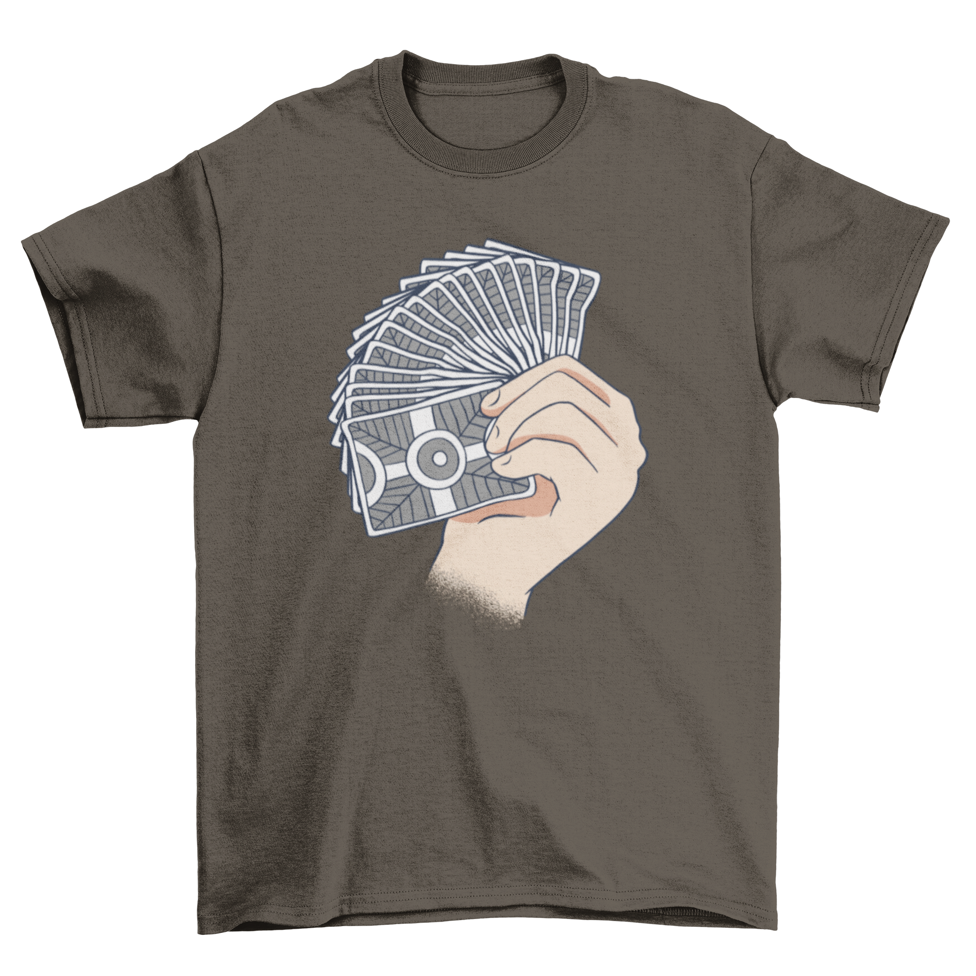 A stylish t-shirt featuring an illustration of a hand fanning a deck of cards, perfect for card game enthusiasts.